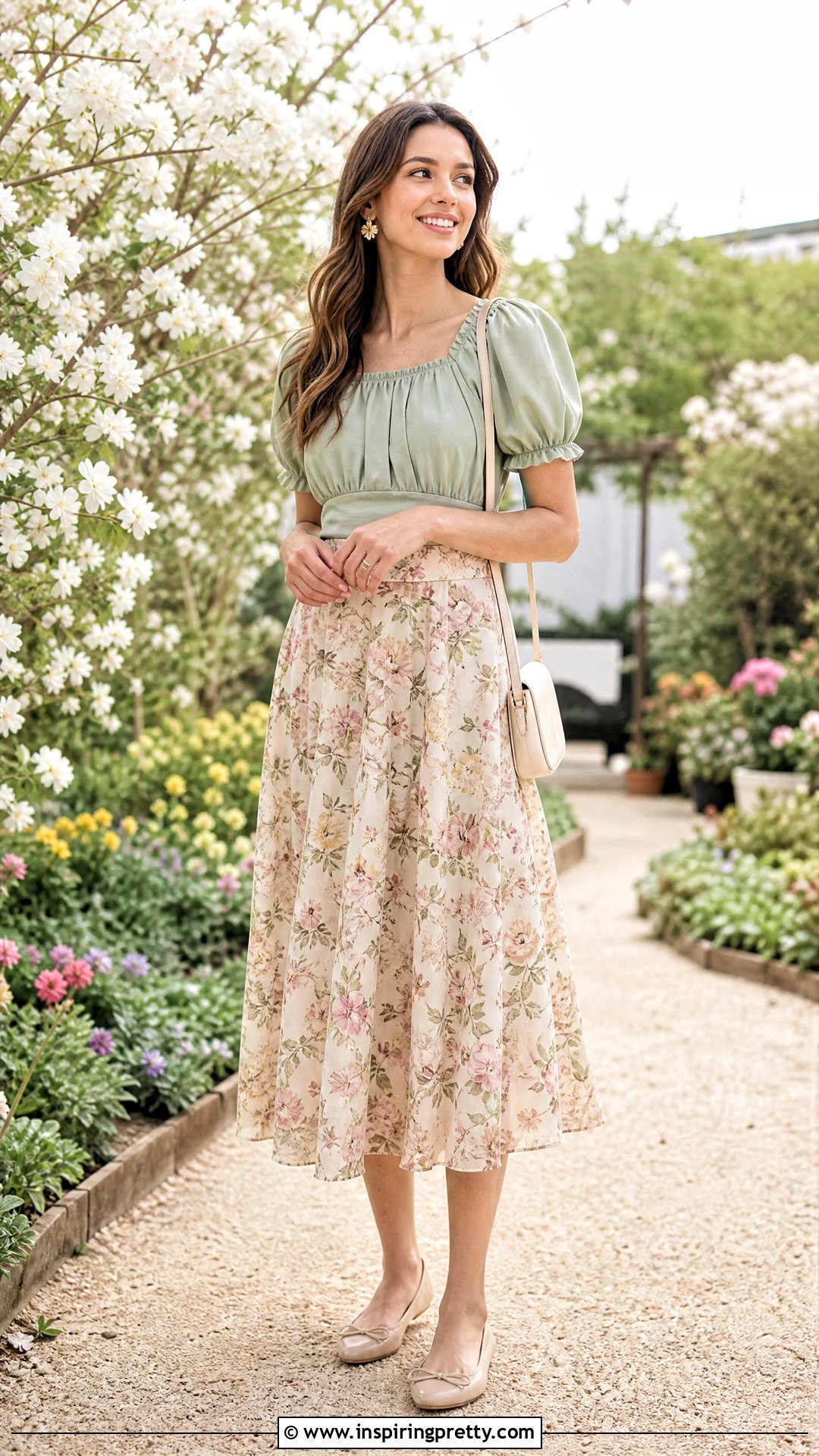 Sage Green Puff Sleeve Top With Floral Skirt - 20 Sage Green Fashion Top outfit ideas