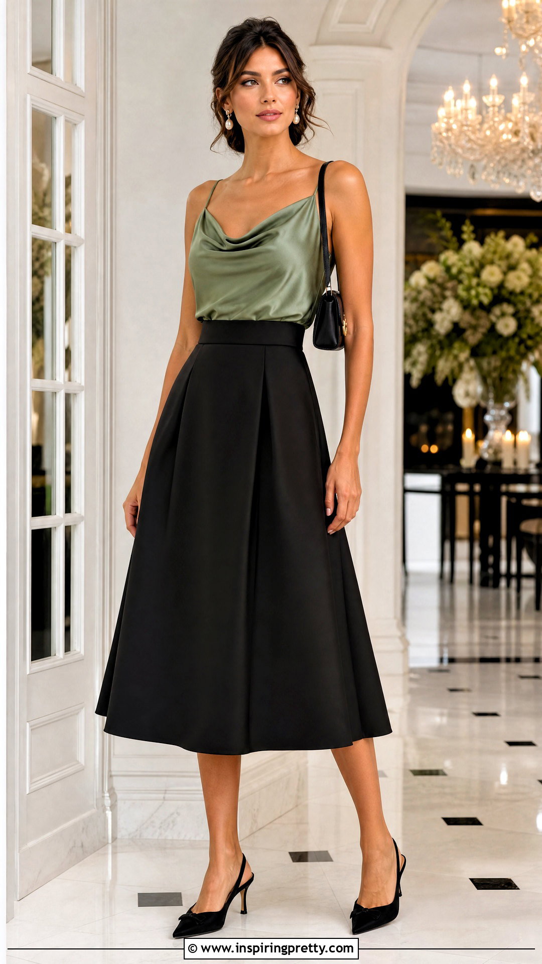 Sage Green Satin Top With Black Midi Skirt - 20 Sage Green Fashion Top outfit ideas