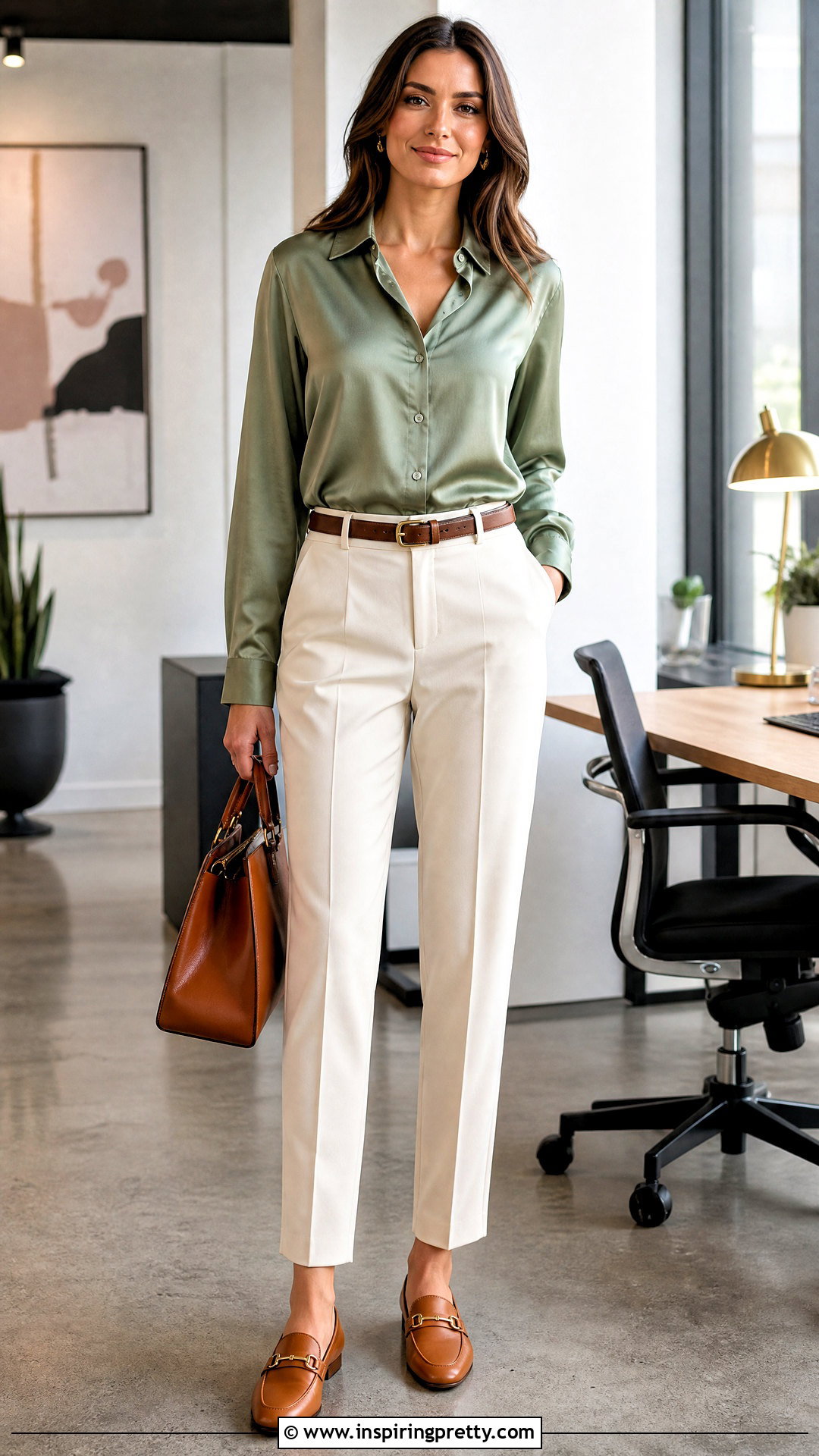 Sage Green Shirt With Cream Pants And Loafers - what top to wear with cream pants (25 ways)