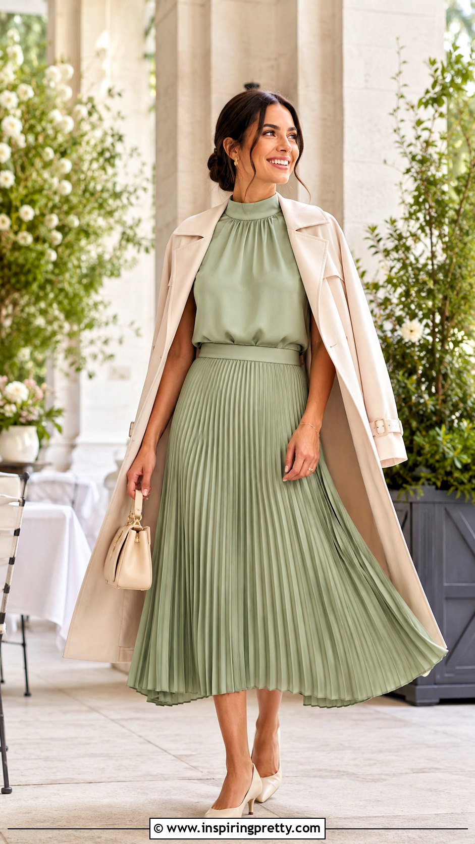 Sage Green Silk Top And Pleated Skirt Set - 25 silk top and bottom set outfit ideas