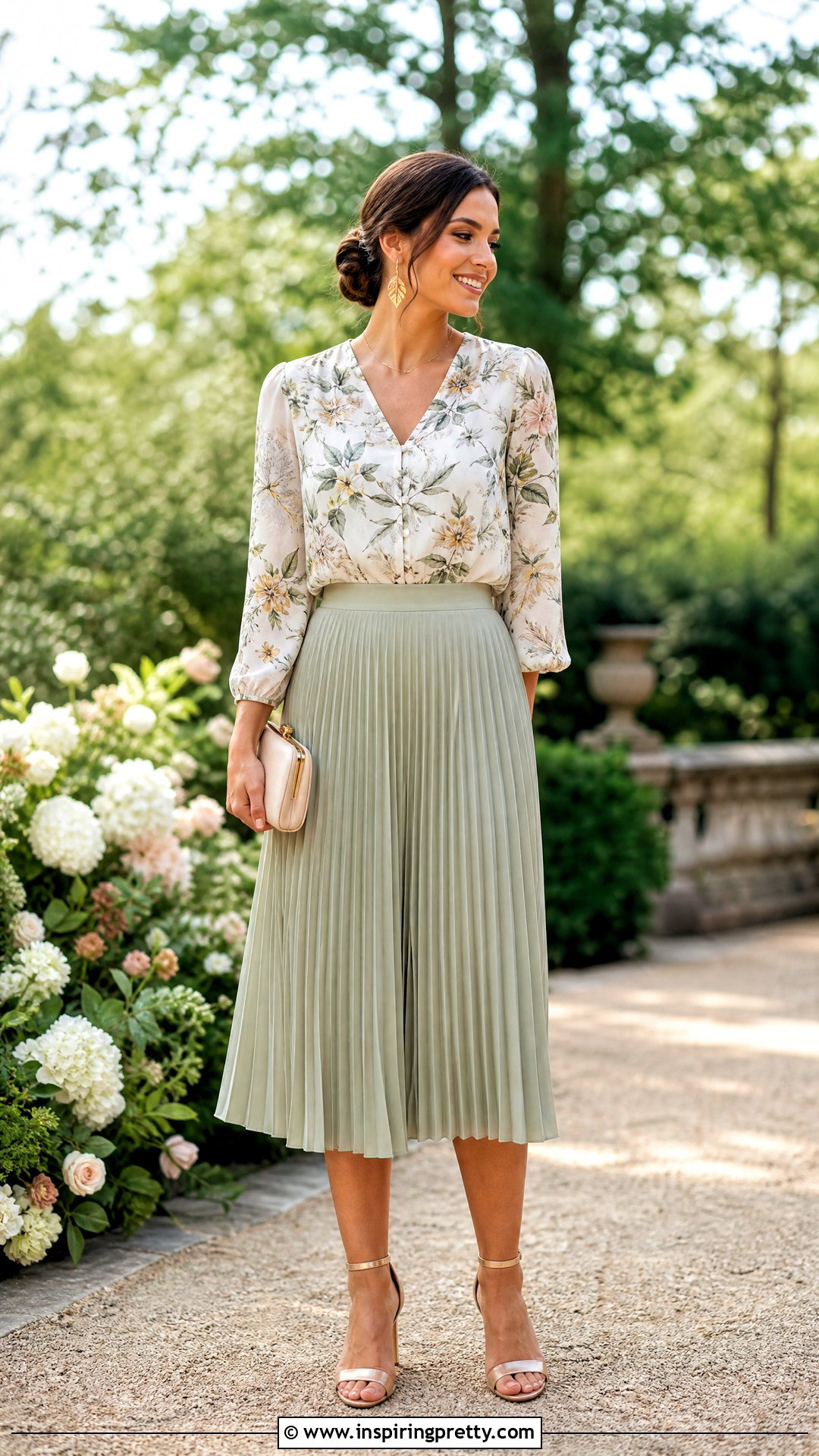 Sage Green Skirt And Floral Blouse - 50 wedding guest skirt and top outfit ideas