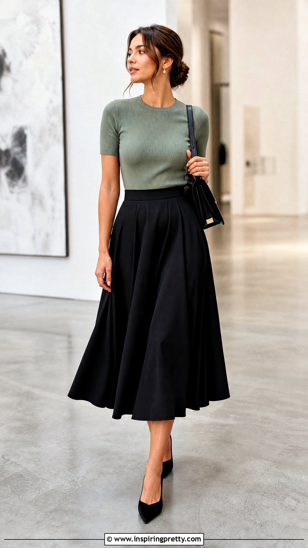 Sage Green Top With Black Midi Skirt - 50 sage green top outfit ideas