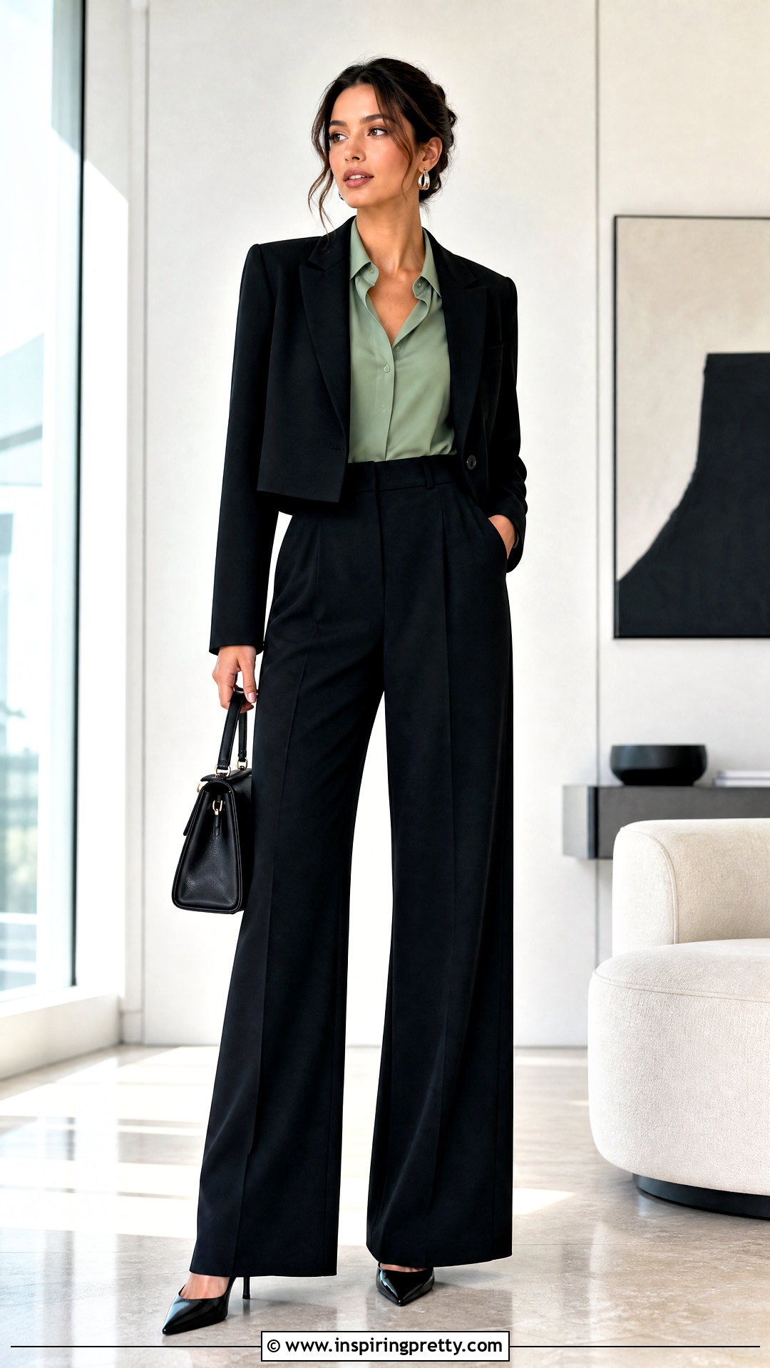 Sage Green Top With Black Wide Leg Pants - 50 sage green top outfit ideas