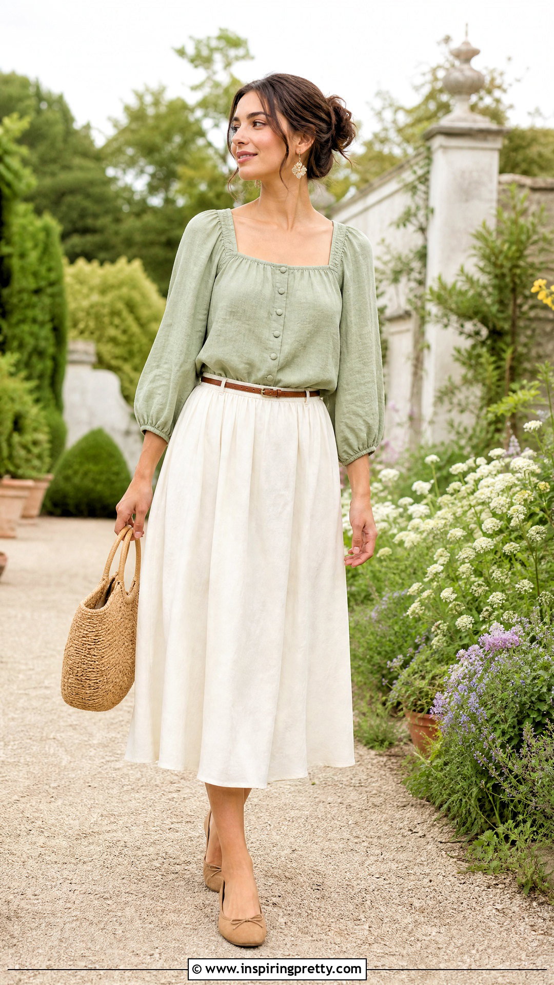 Sage Linen Cottagecore Top With Cream Skirt - 25 Cottagecore Tops For Women