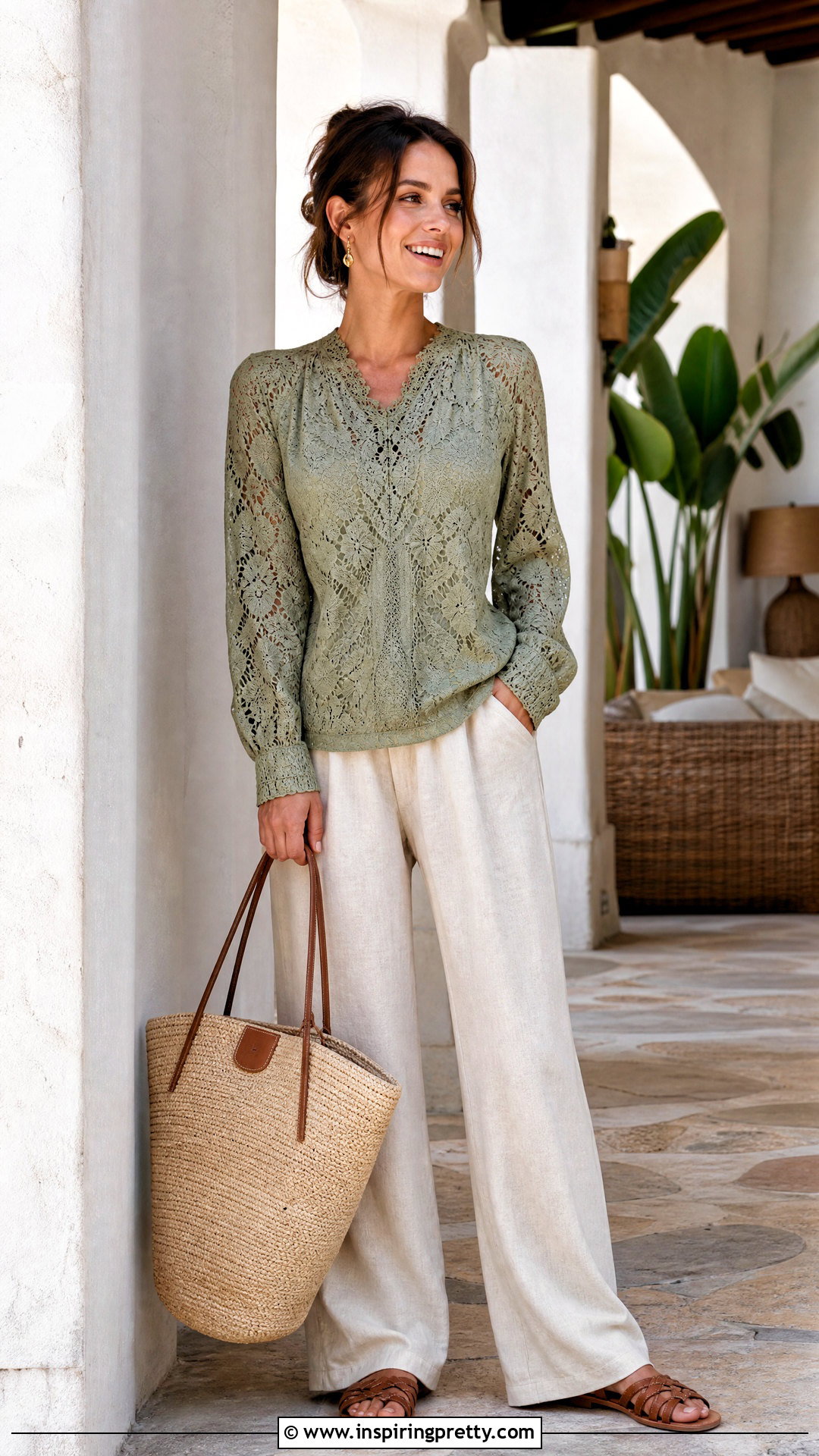 Sage Long Sleeve Lace Top With Linen Pants - 50 long sleeve lace top outfit ideas