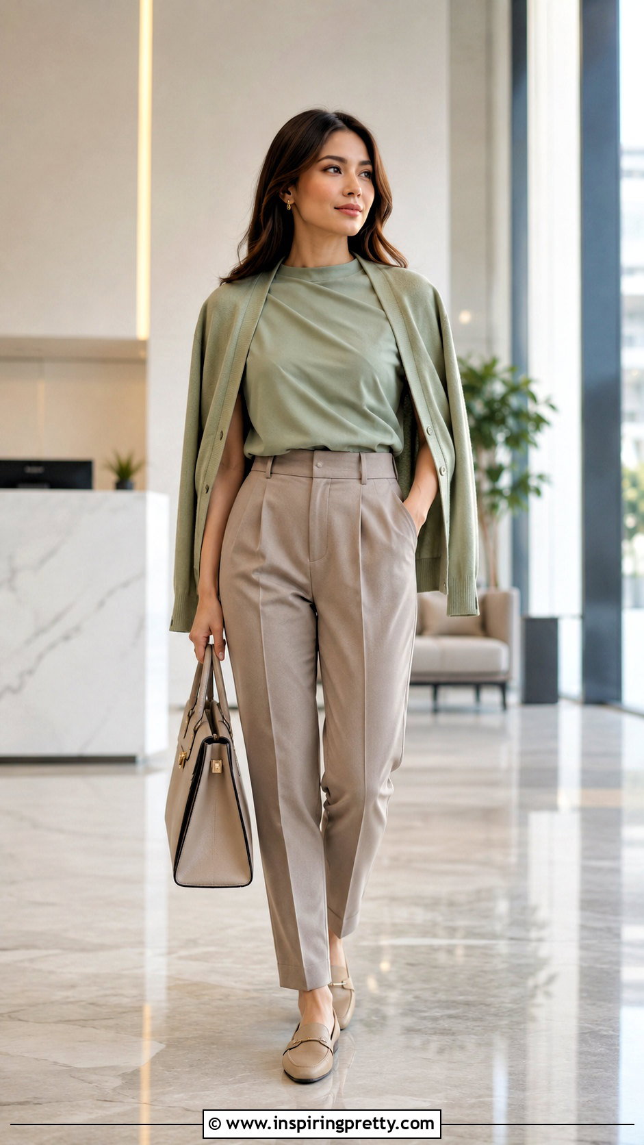 Sage One Yard Minimalist Top With Pleated Trousers - 20 one yard minimalist top outfit ideas