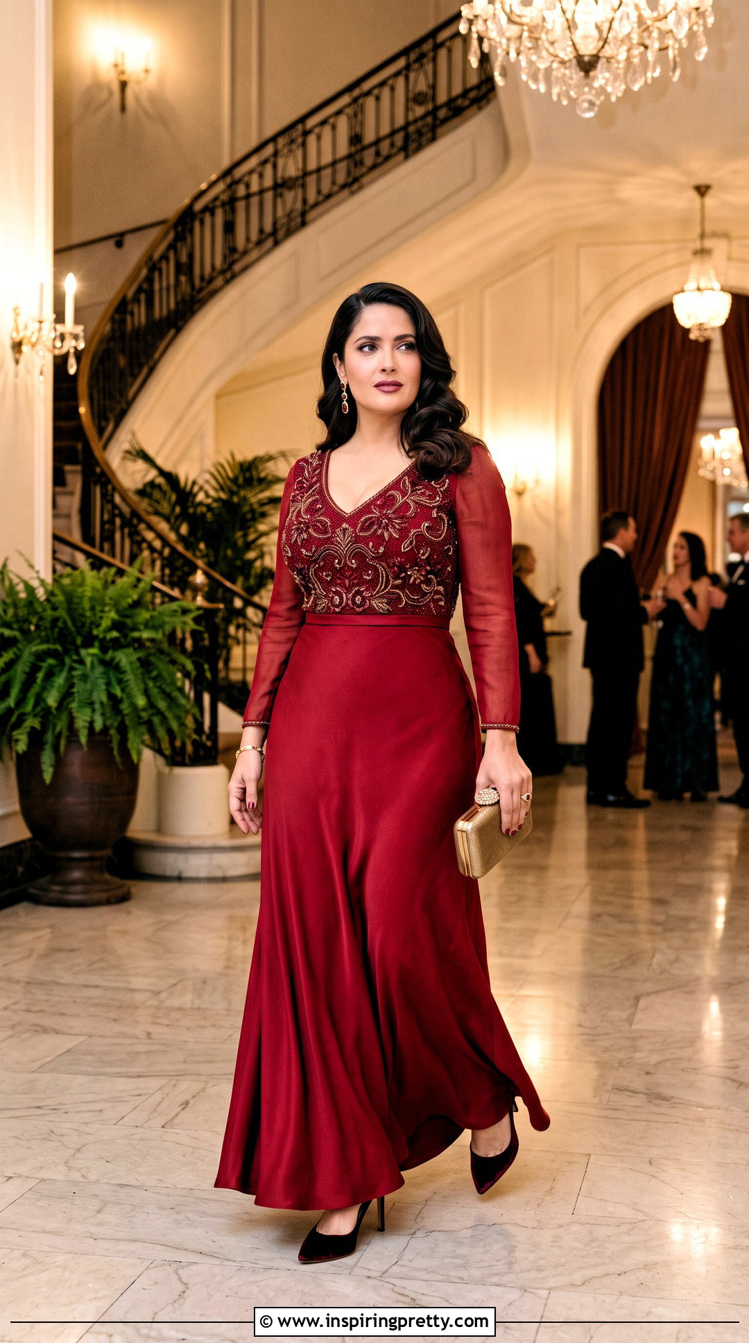 Salma Hayek Cranberry Embellished Gown Outfit - 20 salma hayek top outfit ideas