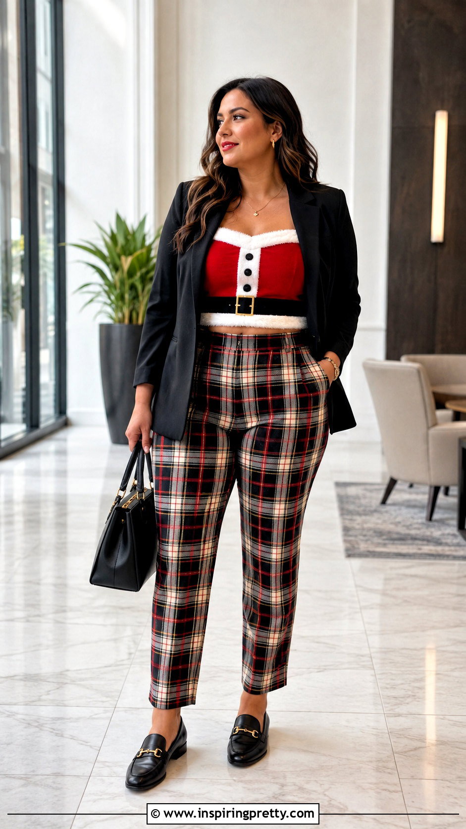 Santa Crop Top With Plaid Pants - 25 santa crop top outfit ideas