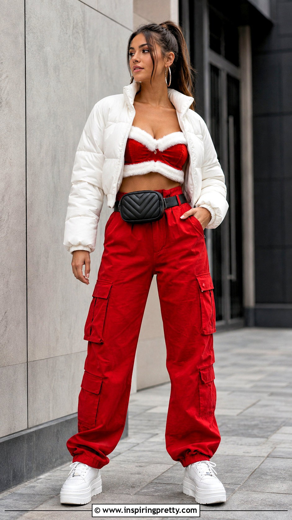 Santa Crop Top With Red Cargo Pants - 25 santa crop top outfit ideas