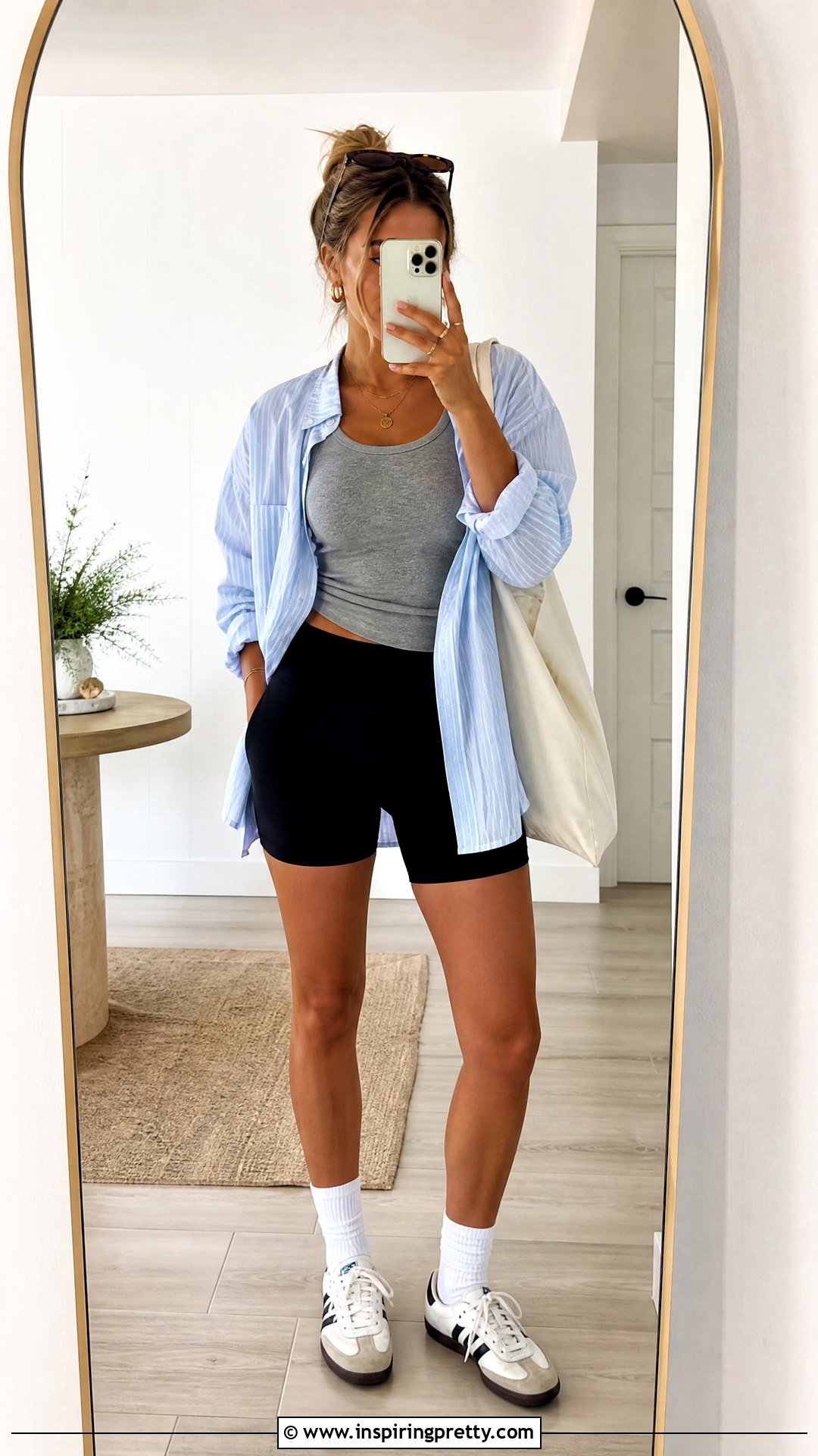 Sarah Cameron Grey Top With Black Biker Shorts - 25 Sarah Cameron Grey Top outfit ideas