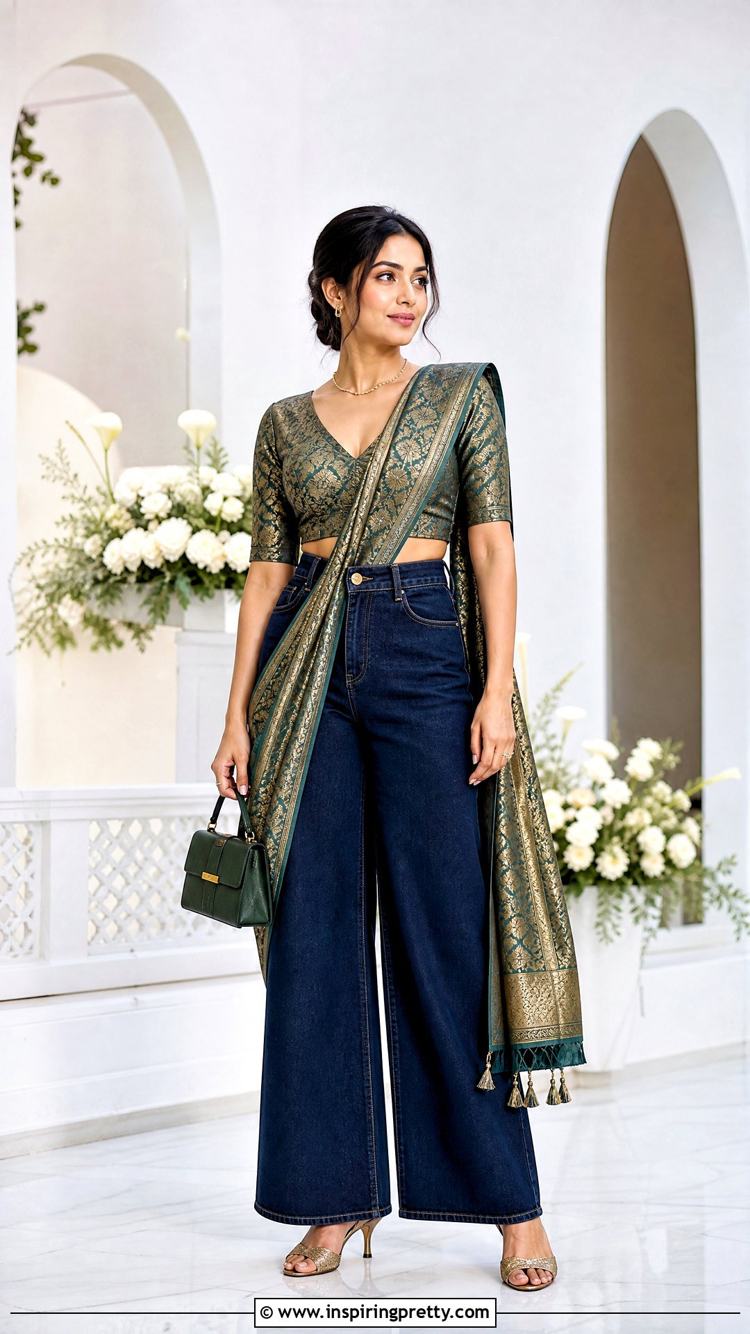 Saree Blouse With Wide Leg Jeans - 50 jeans tops indian styles