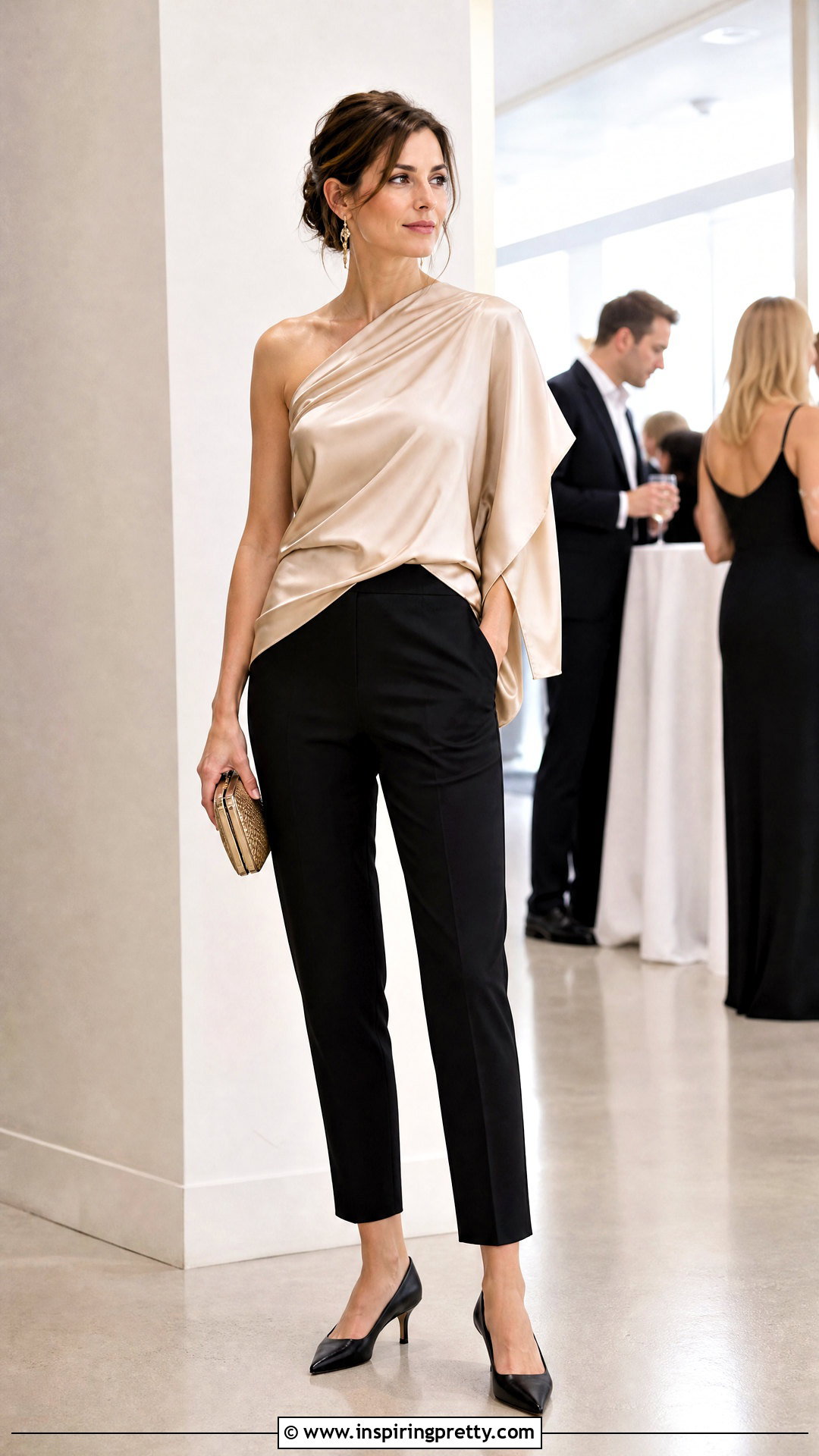 Satin Asymmetrical Top With Black Pants - 50 tops asimetricos outfit ideas