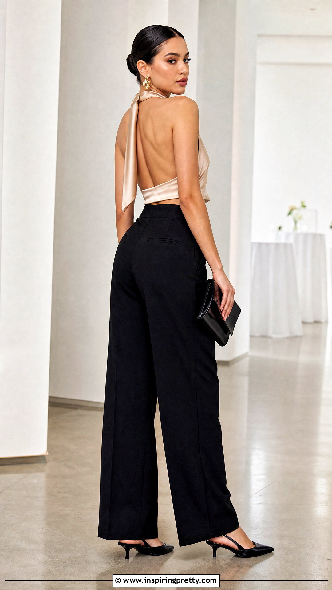 Satin Backless Crop Top With Tailored Trousers - 50 backless crop top outfit ideas