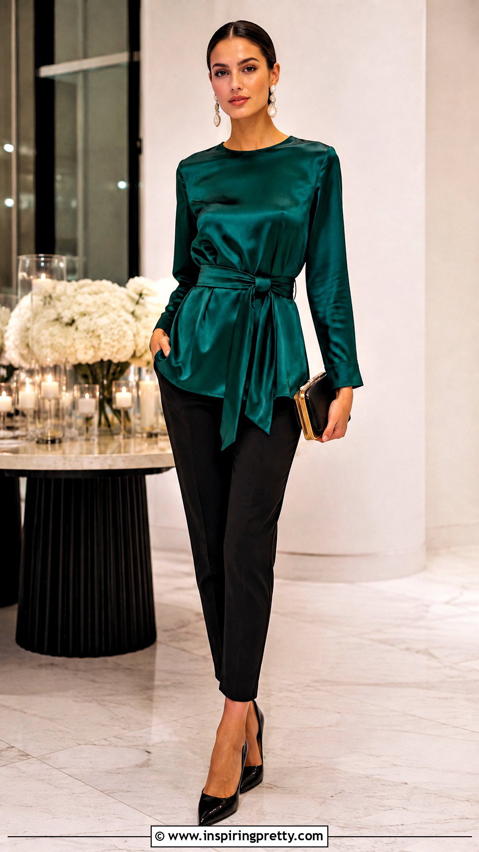 Satin Belted Tunic Top With Tailored Pants - 25 Belted Tunic Top outfit ideas