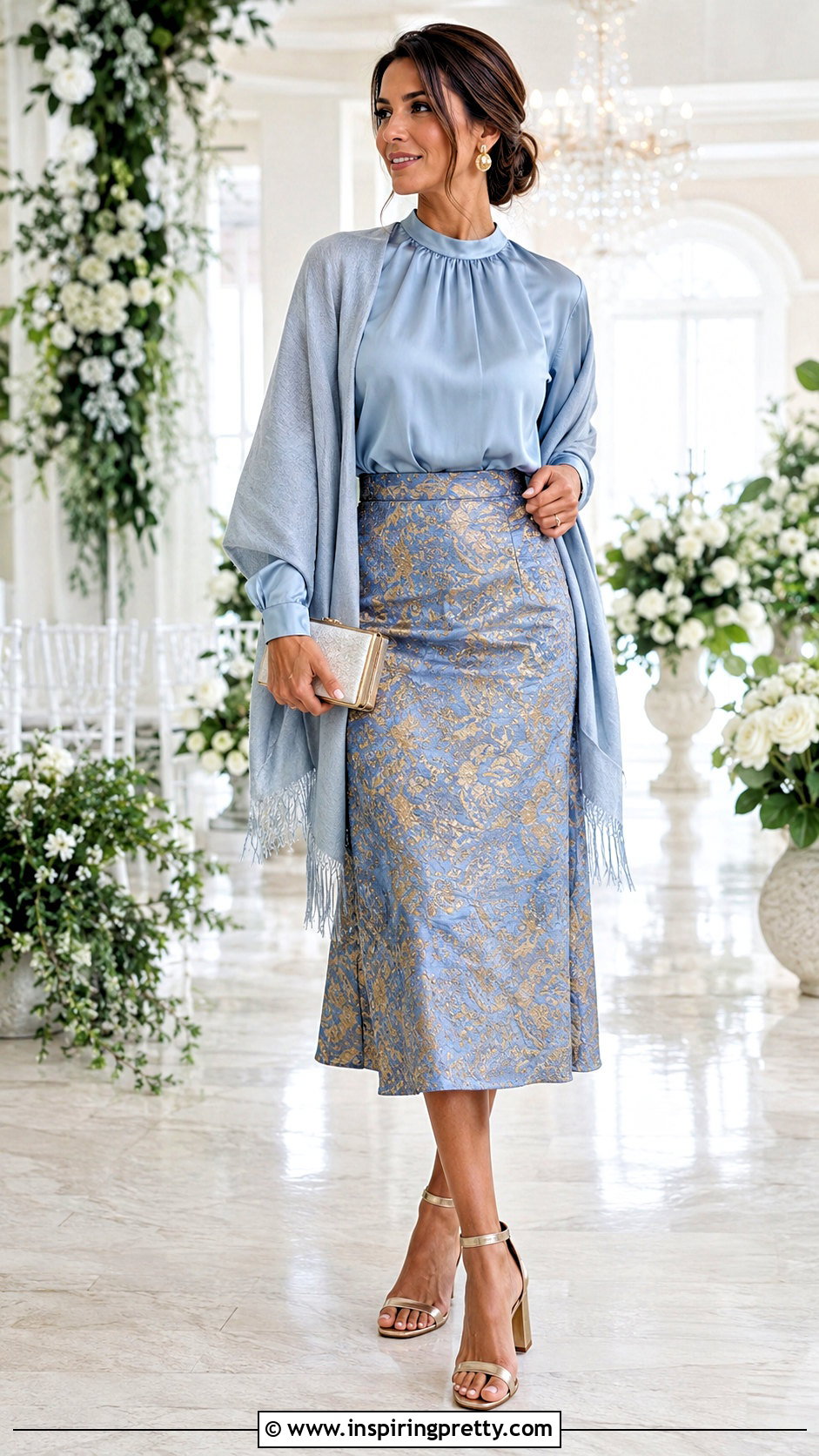 Satin Blouse And Jacquard Midi Skirt Outfit - 50 top and skirt outfit ideas