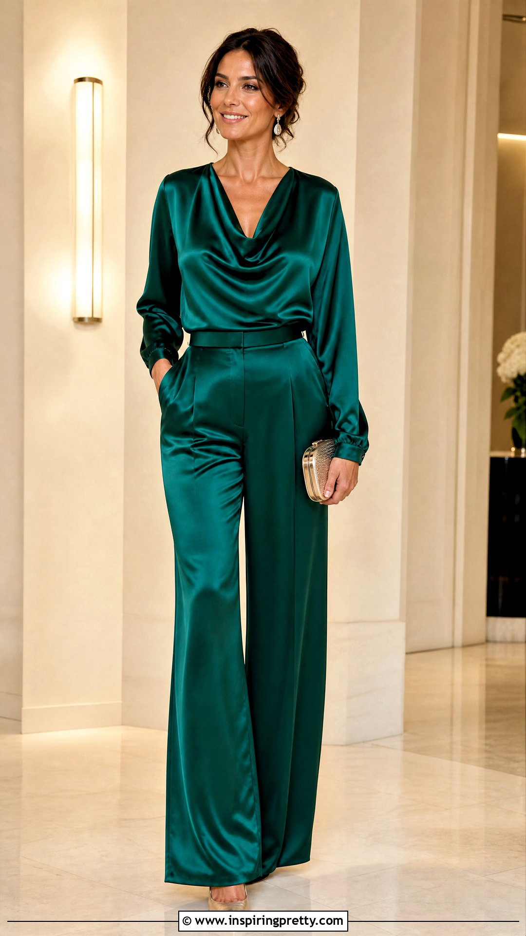 Satin Blouse And Wide Leg Pants Set - 50 top and down for ladies