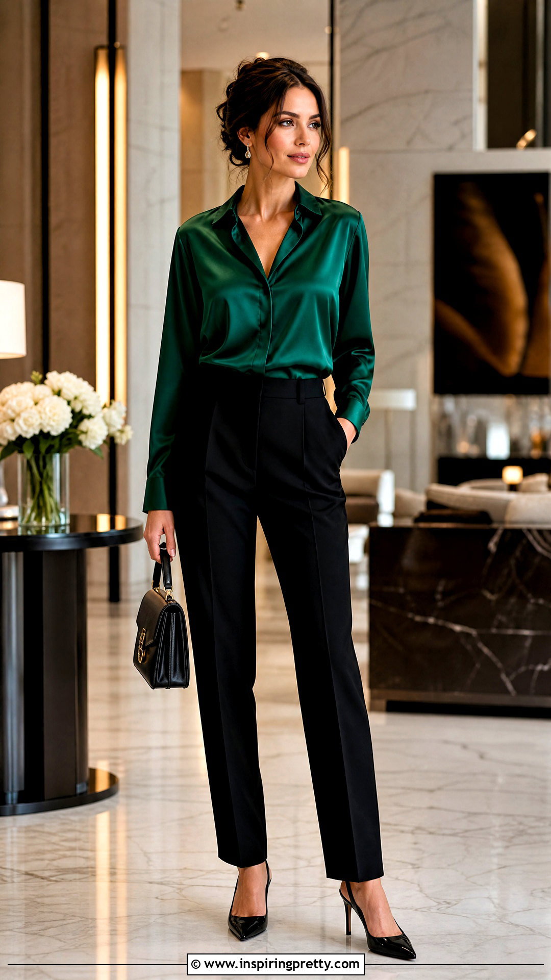 Satin Blouse With Black Tailored Pants - 50 womens tops outfit ideas