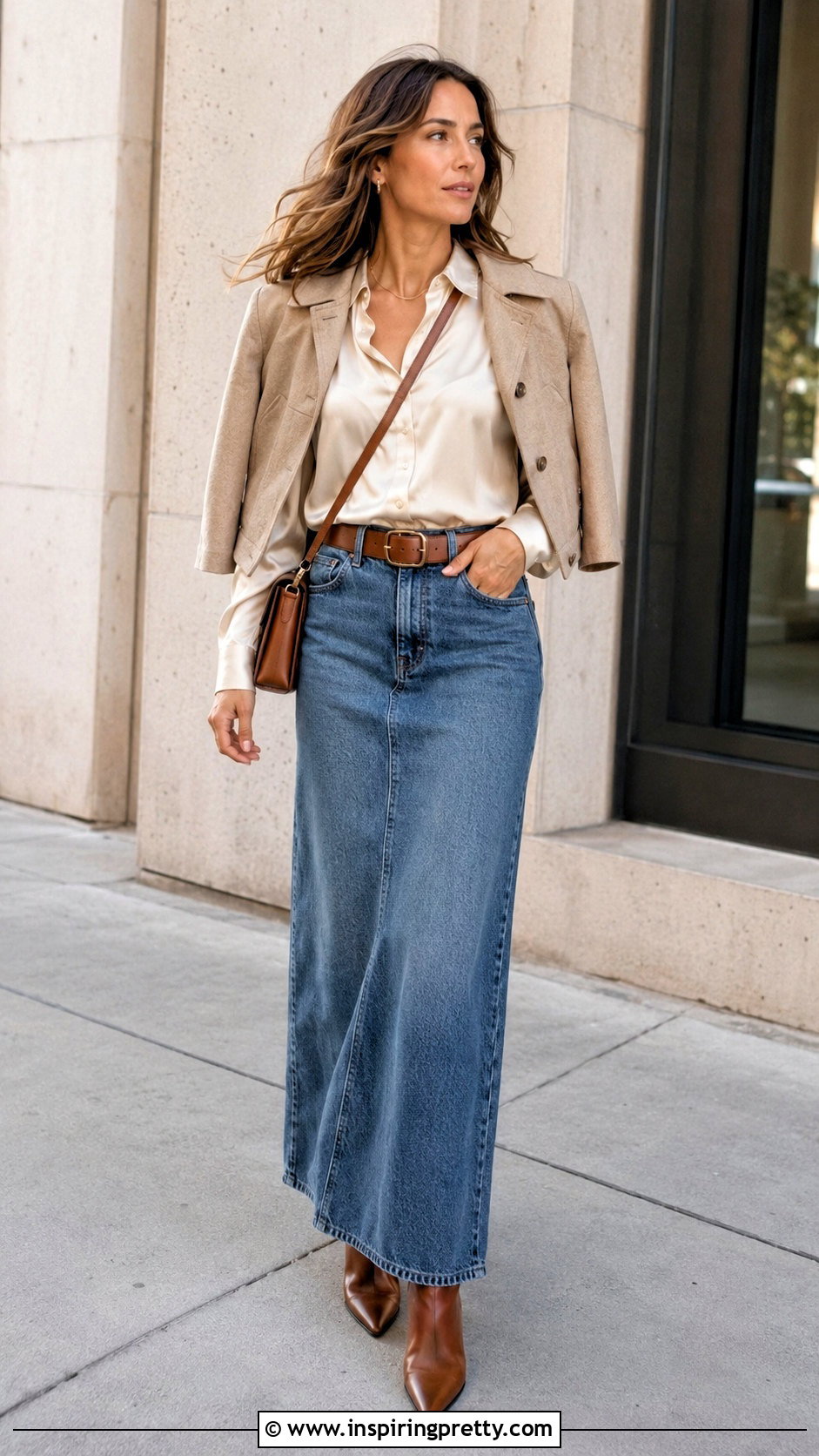 Satin Blouse With Denim Maxi Skirt - 50 satin tops outfit ideas