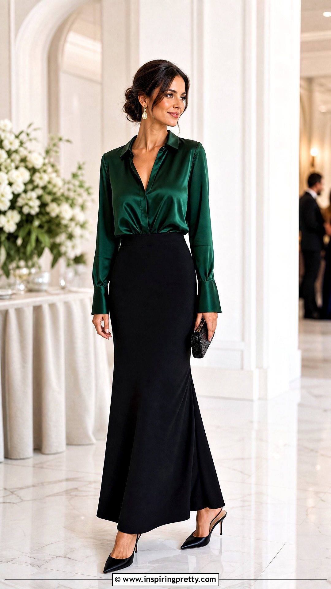 Satin Blouse With Long Black Skirt And Slingback Heels - 25 Tops To Go With Long Black Skirts