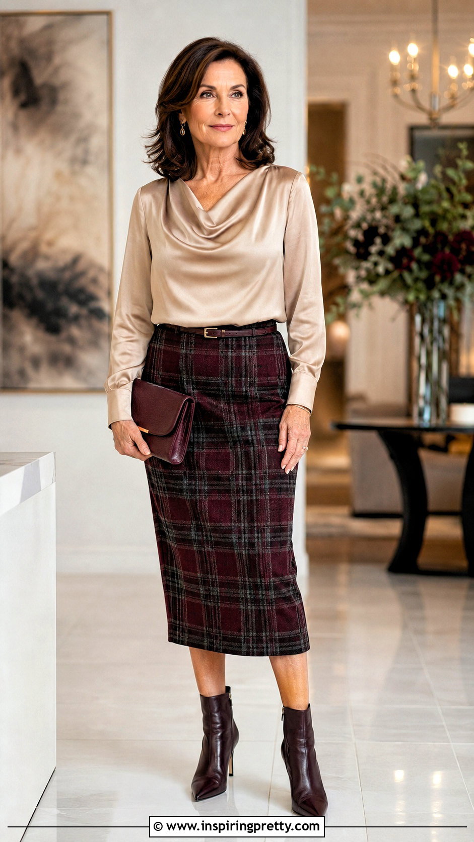 Satin Blouse With Plaid Skirt and Heeled Boots - 20 tops to wear with plaid skirts