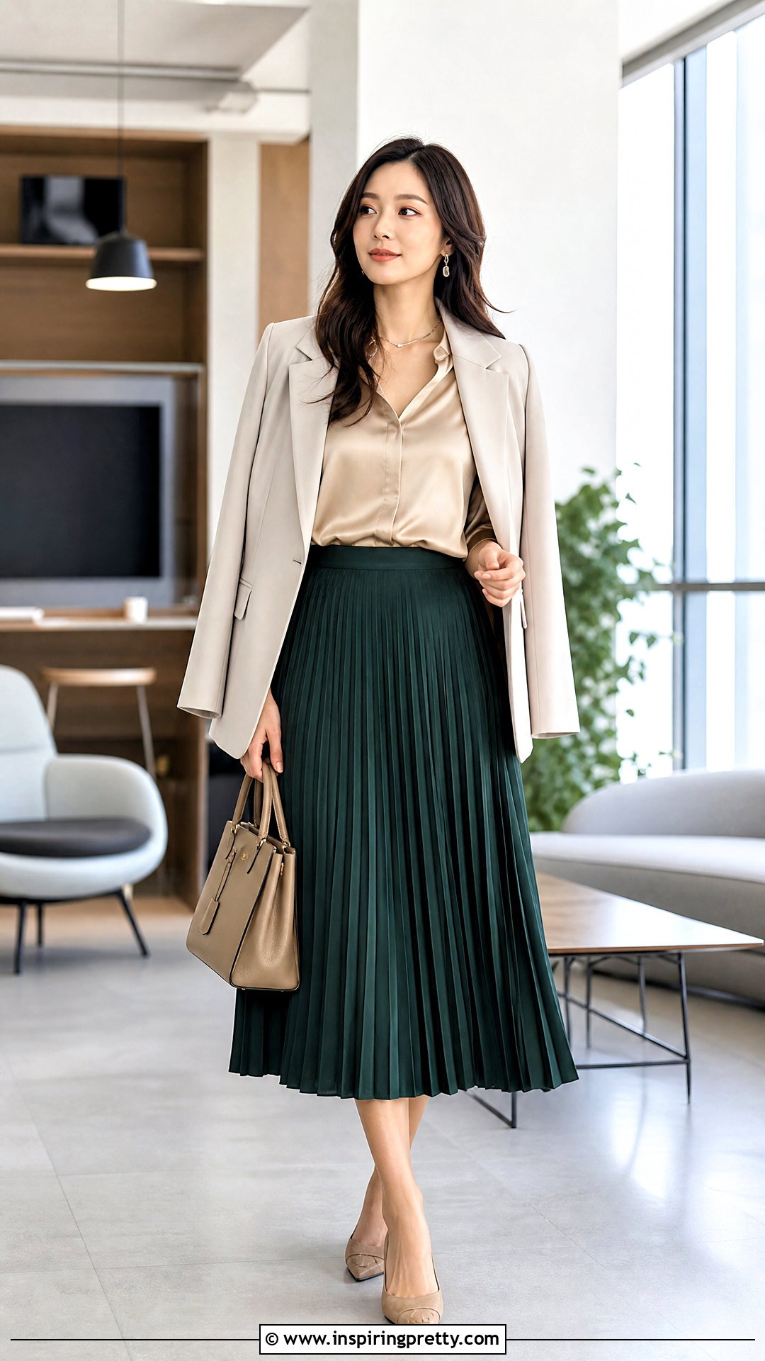 Satin Blouse With Pleated Midi Skirt - 20 Professional Tops For Work Ideas
