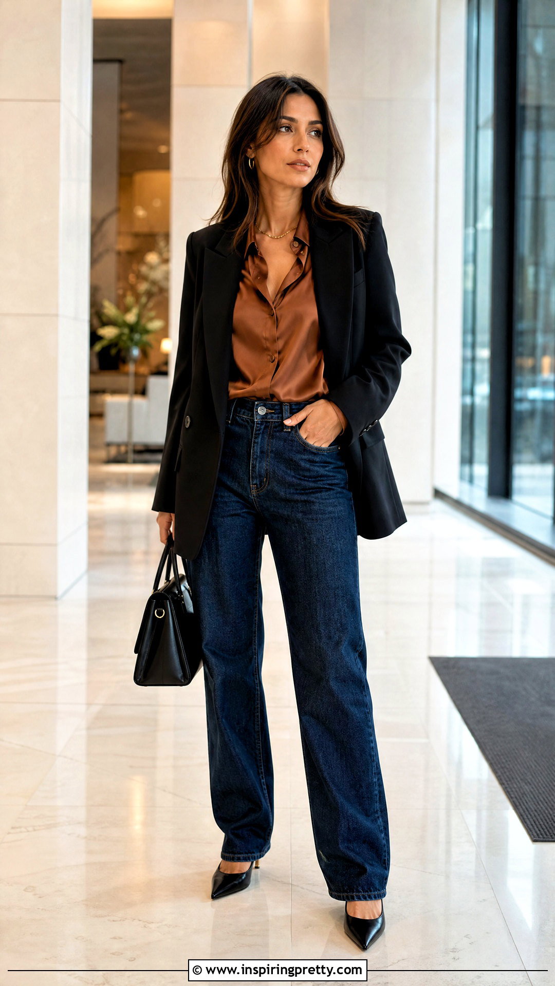 Satin Blouse With Relaxed Jeans - 20 tops for fall 2024 ideas
