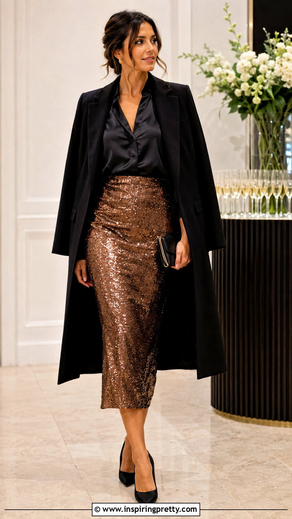 Satin Blouse With Sequin Midi Skirt - 50 satin tops outfit ideas