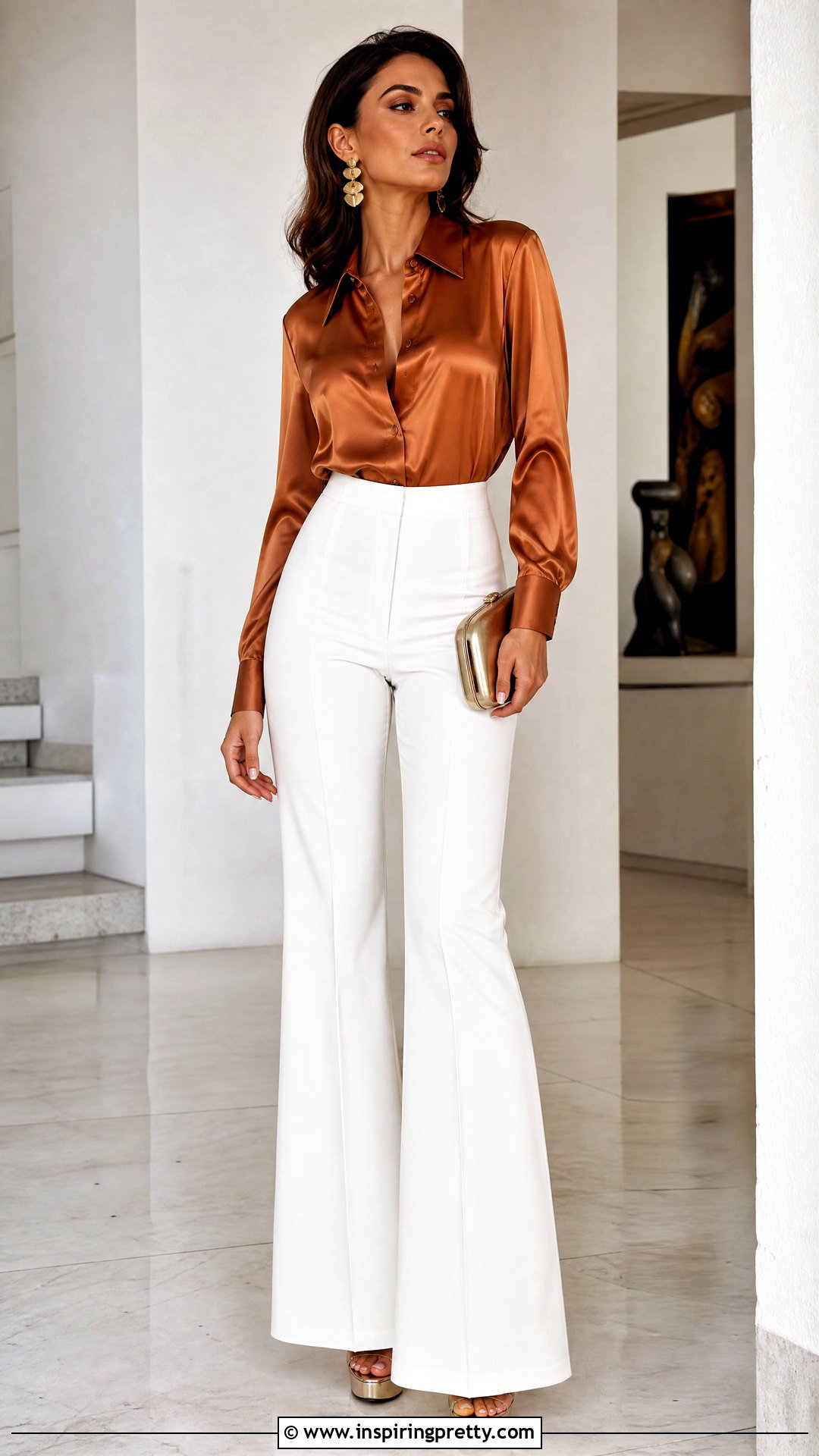 Satin Blouse With White Flared Pants - 50 70s tops outfit ideas
