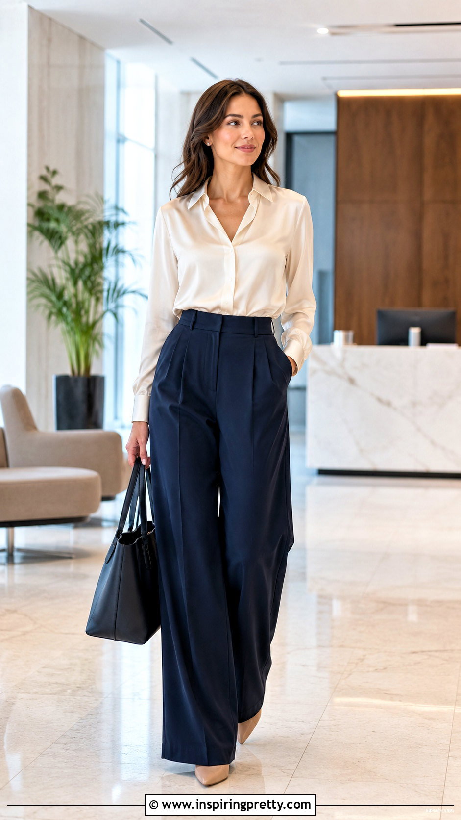 Satin Blouse With Wide Leg Trousers - 20 dressy tops for work outfit ideas