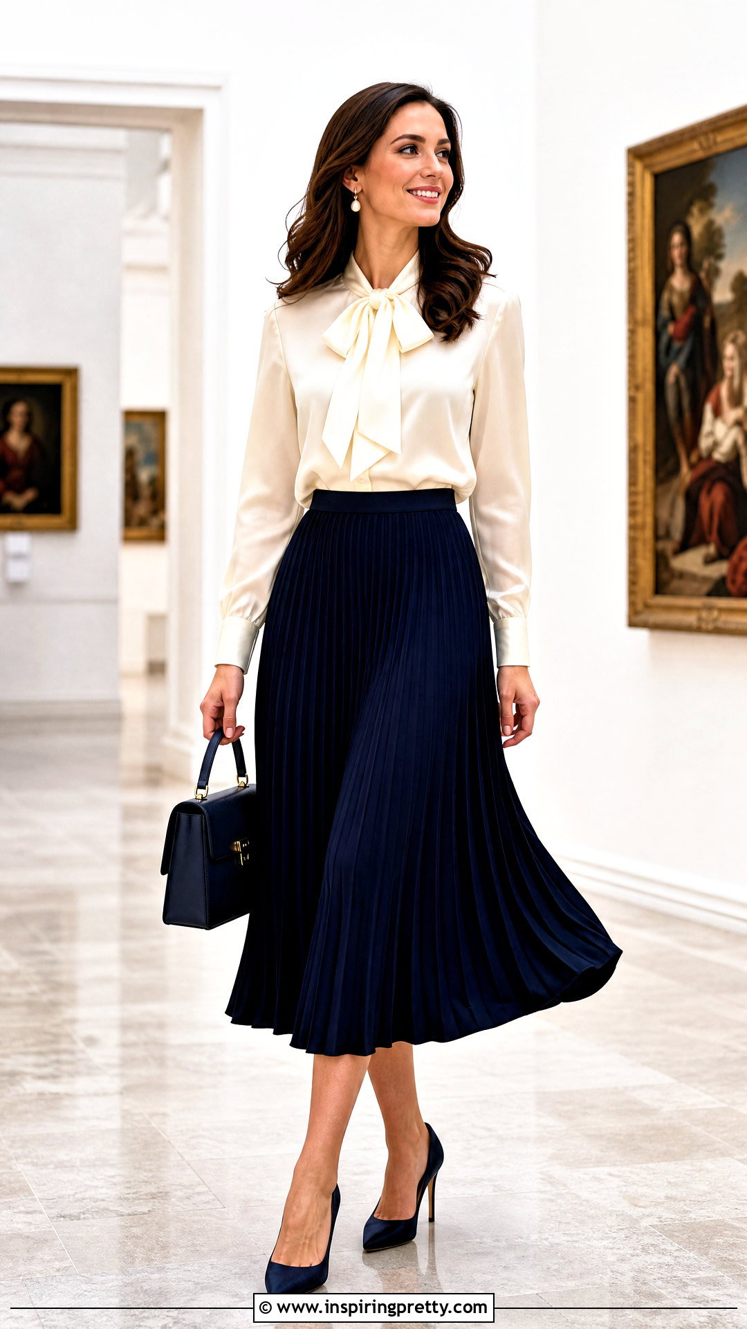 Satin Bow Blouse With Pleated Midi Skirt - 50 classy satin tops blouses