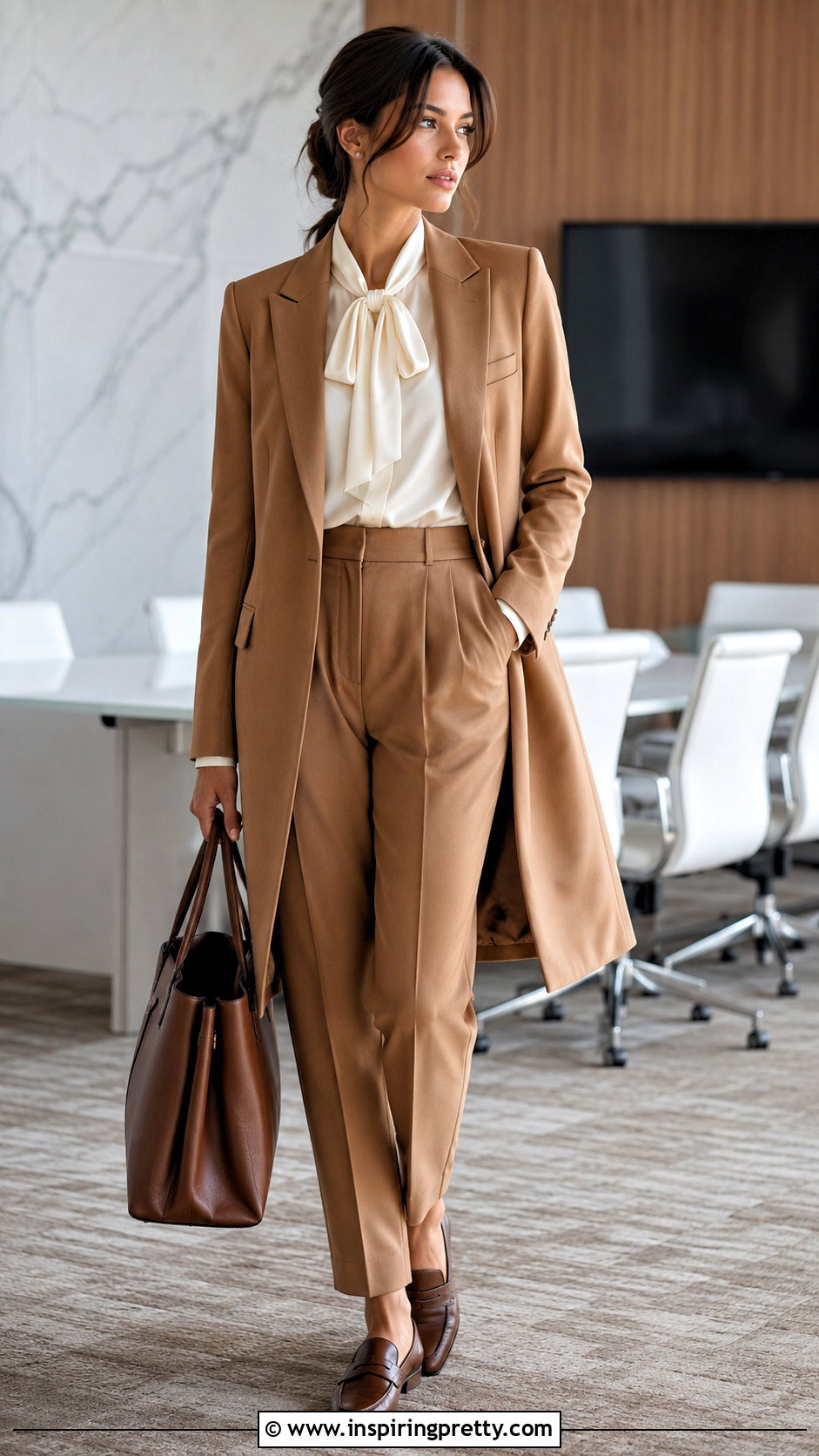 Satin Bow Blouse With Pleated Trousers - 50 satin tops outfit ideas