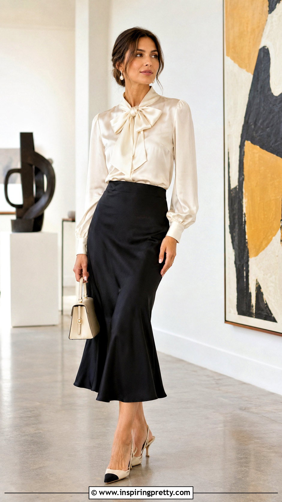Satin Bow Top Blouse With Slip Skirt - 20 Bow Top Blouse outfits
