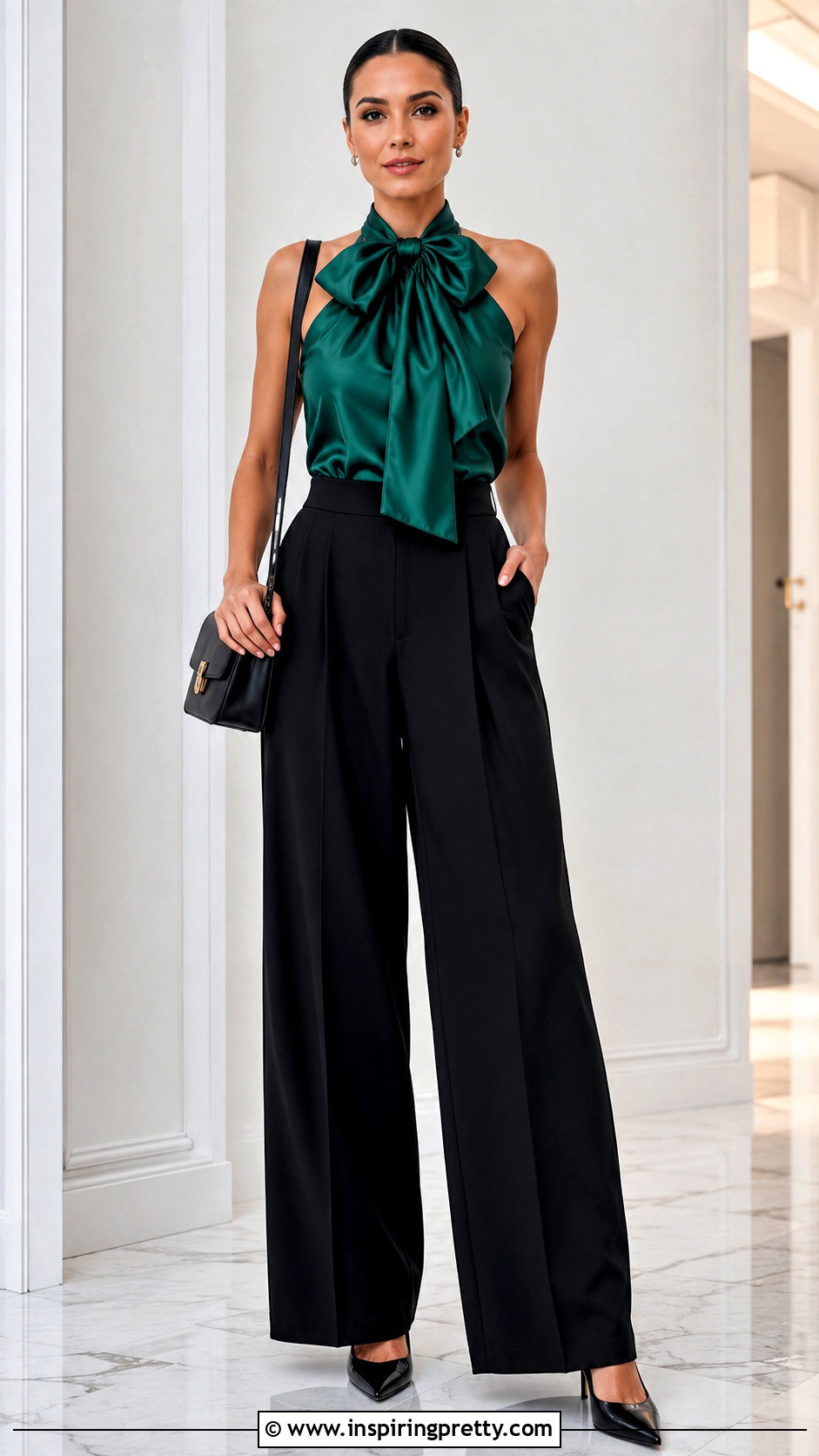 Satin Bow Top With Black Pants - 50 bow top outfit ideas