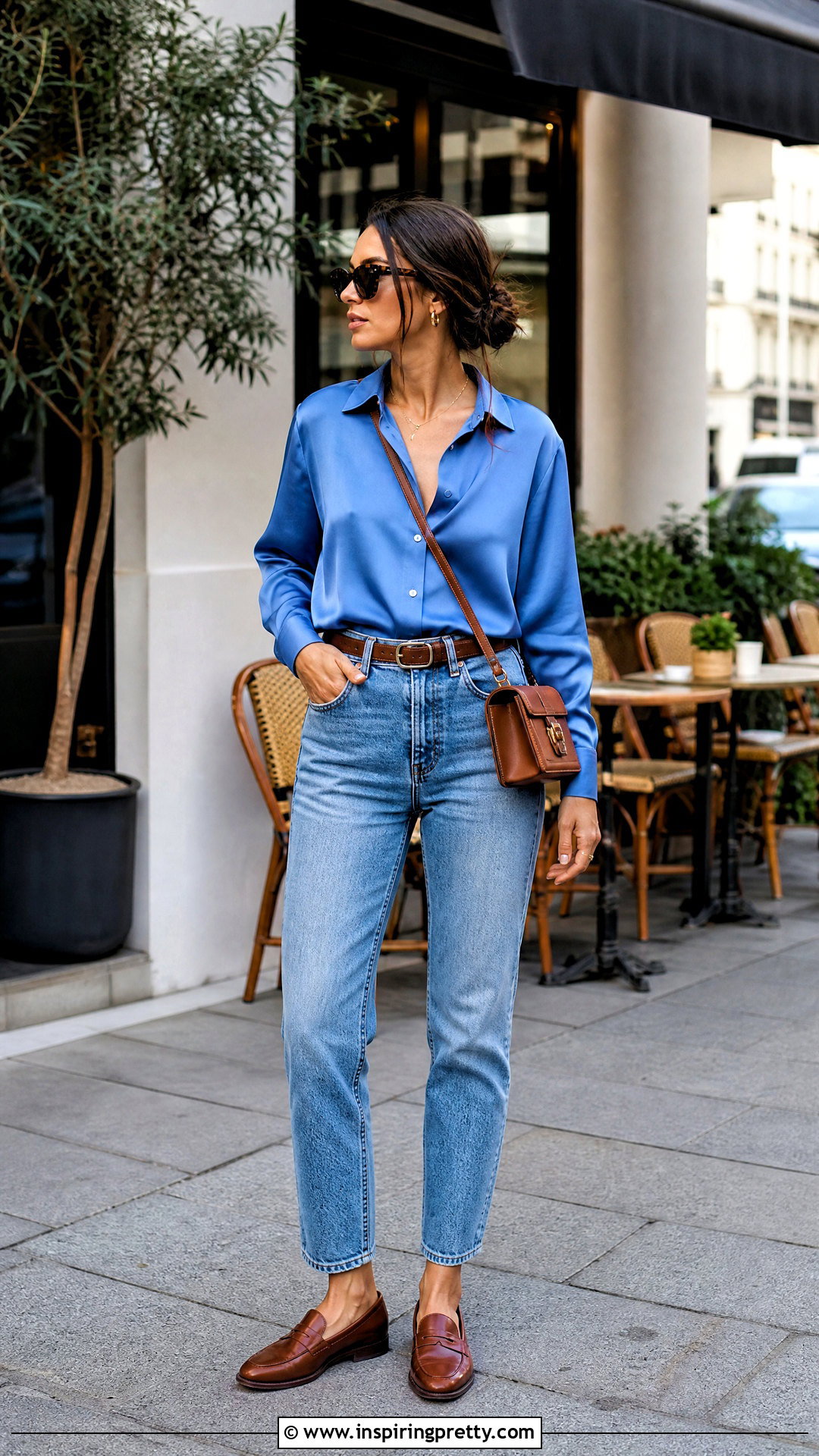 Satin Button Down Shirt With Mom Jeans - 50 satin top outfit ideas