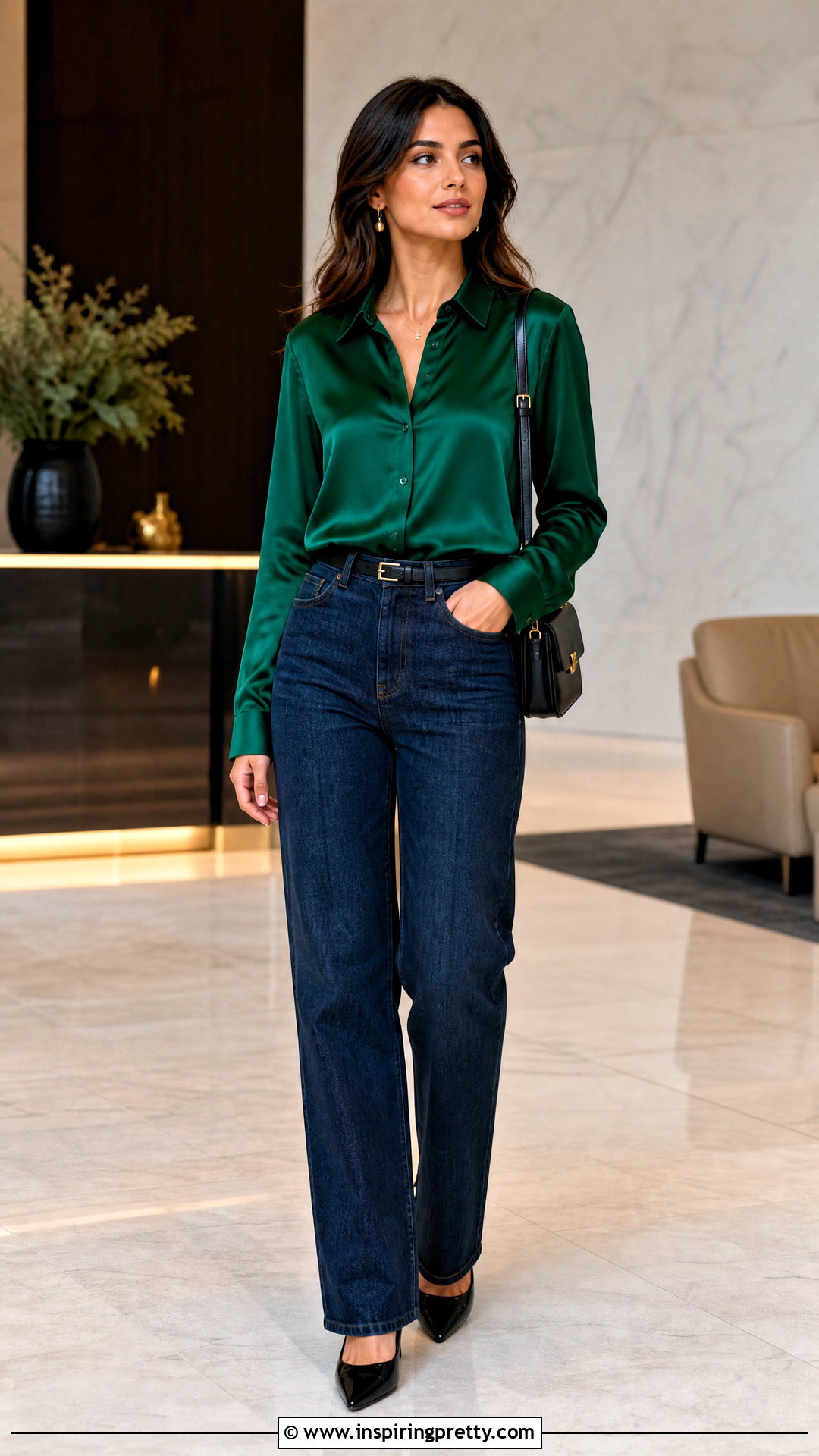 Satin Button Up Top With Dark Wash Jeans - 50 Button Up Top Outfit ideas