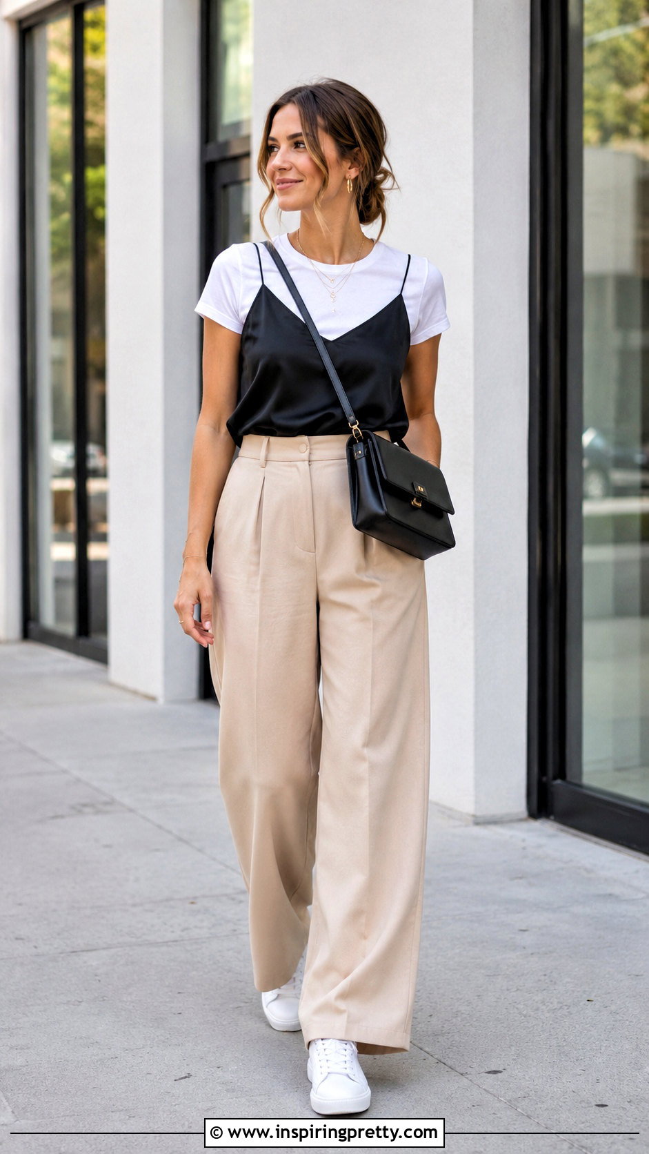 Satin Cami Over T Shirt With Wide Leg Pants - 50 satin tops outfit ideas