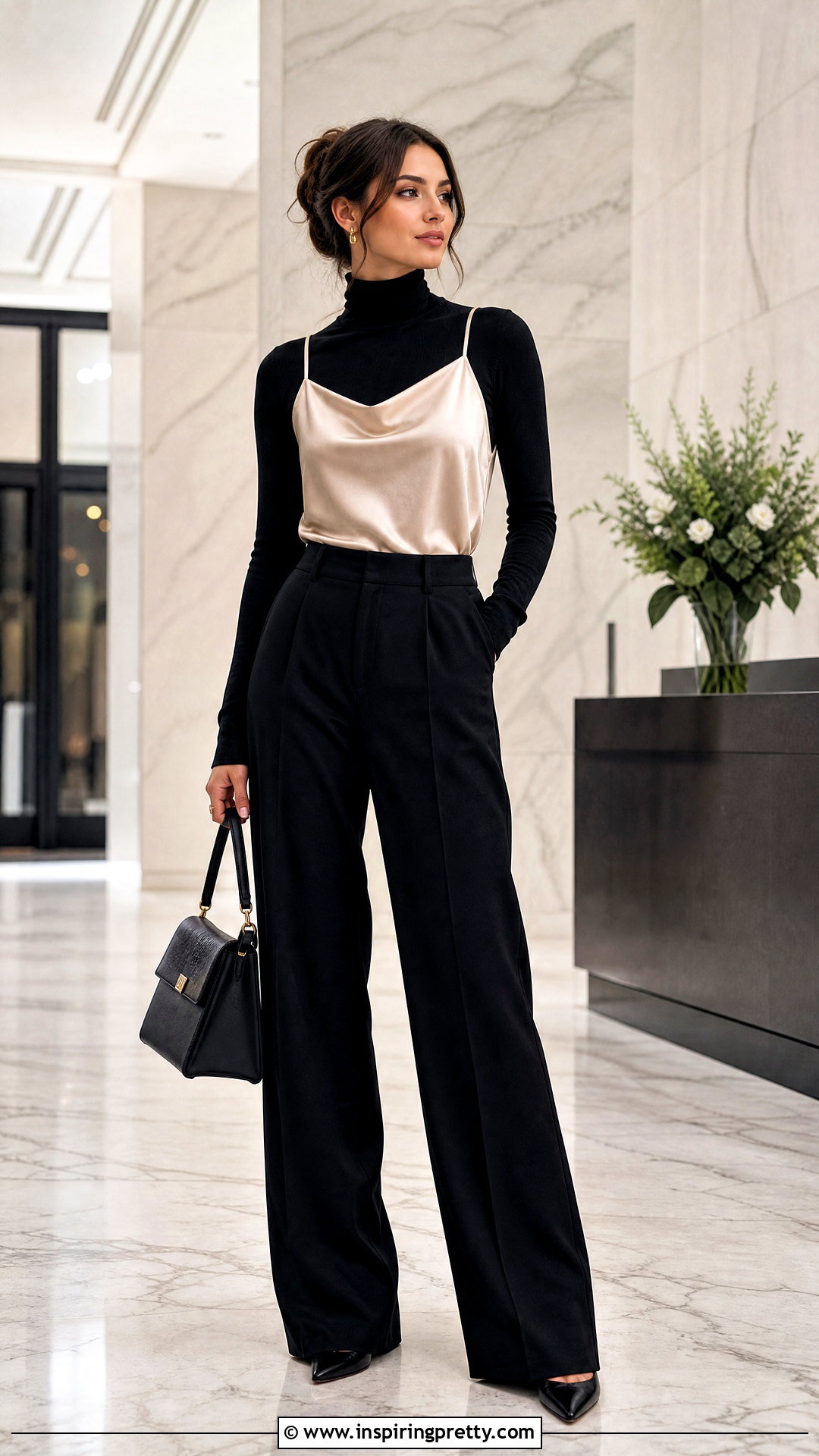 Satin Cami Over Turtleneck Layered Top Outfit - 50 layered tops outfit ideas
