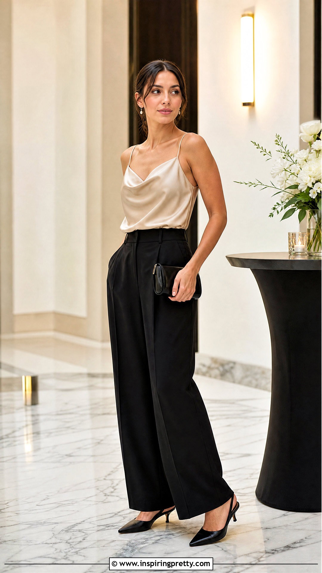Satin Camisole Top With Wide Leg Trousers - 50 chic tops outfit ideas