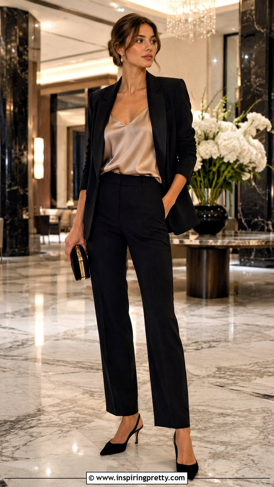 Satin Camisole With Tailored Pants - 50 Women Tops Outfit ideas