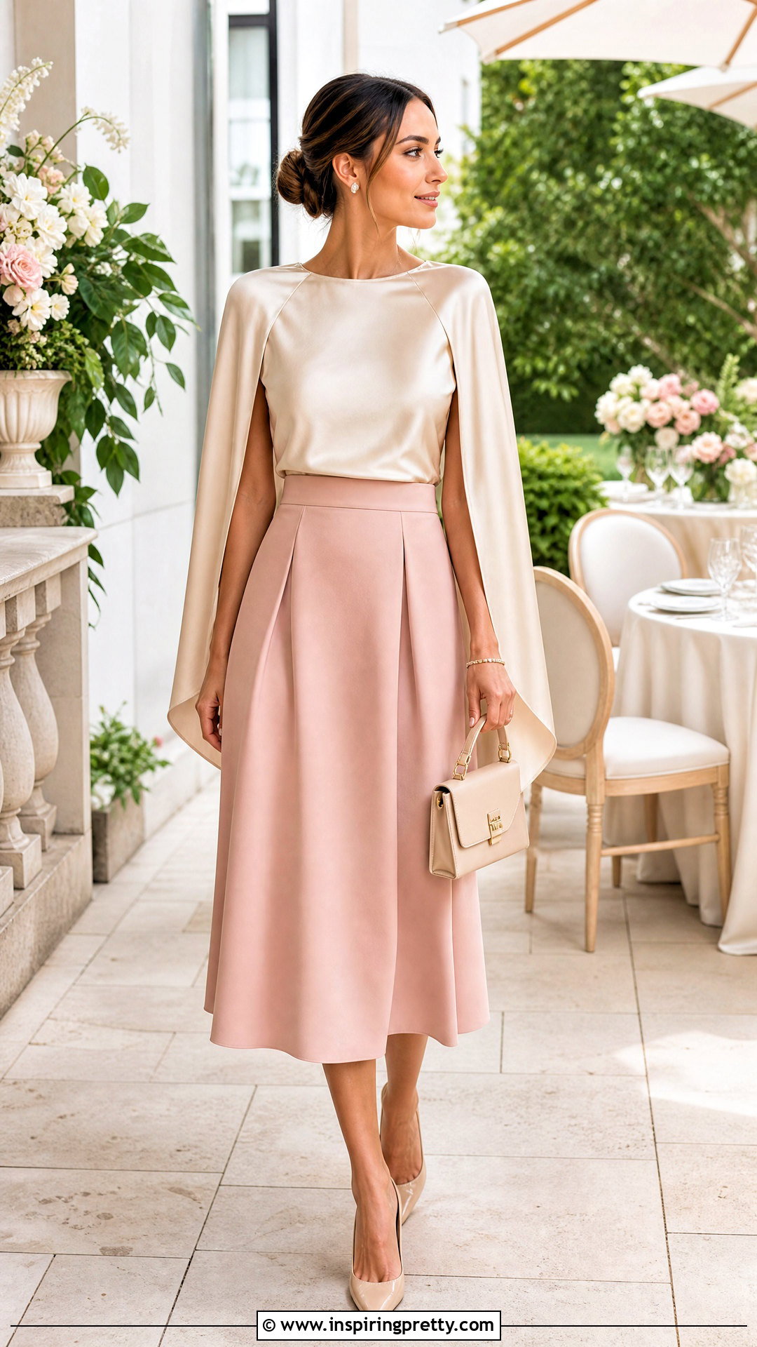 Satin Cape Top With Midi Skirt - 50 Cape Top outfit ideas