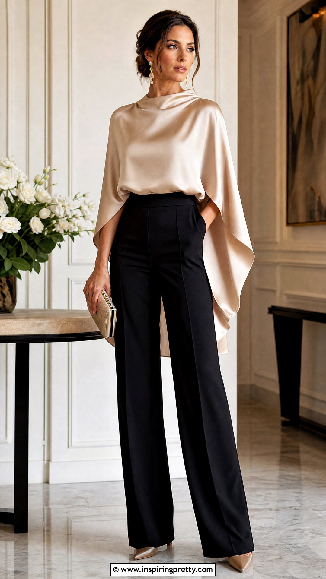 Satin Cape Top With Wide Leg Trousers - 50 cape top outfits