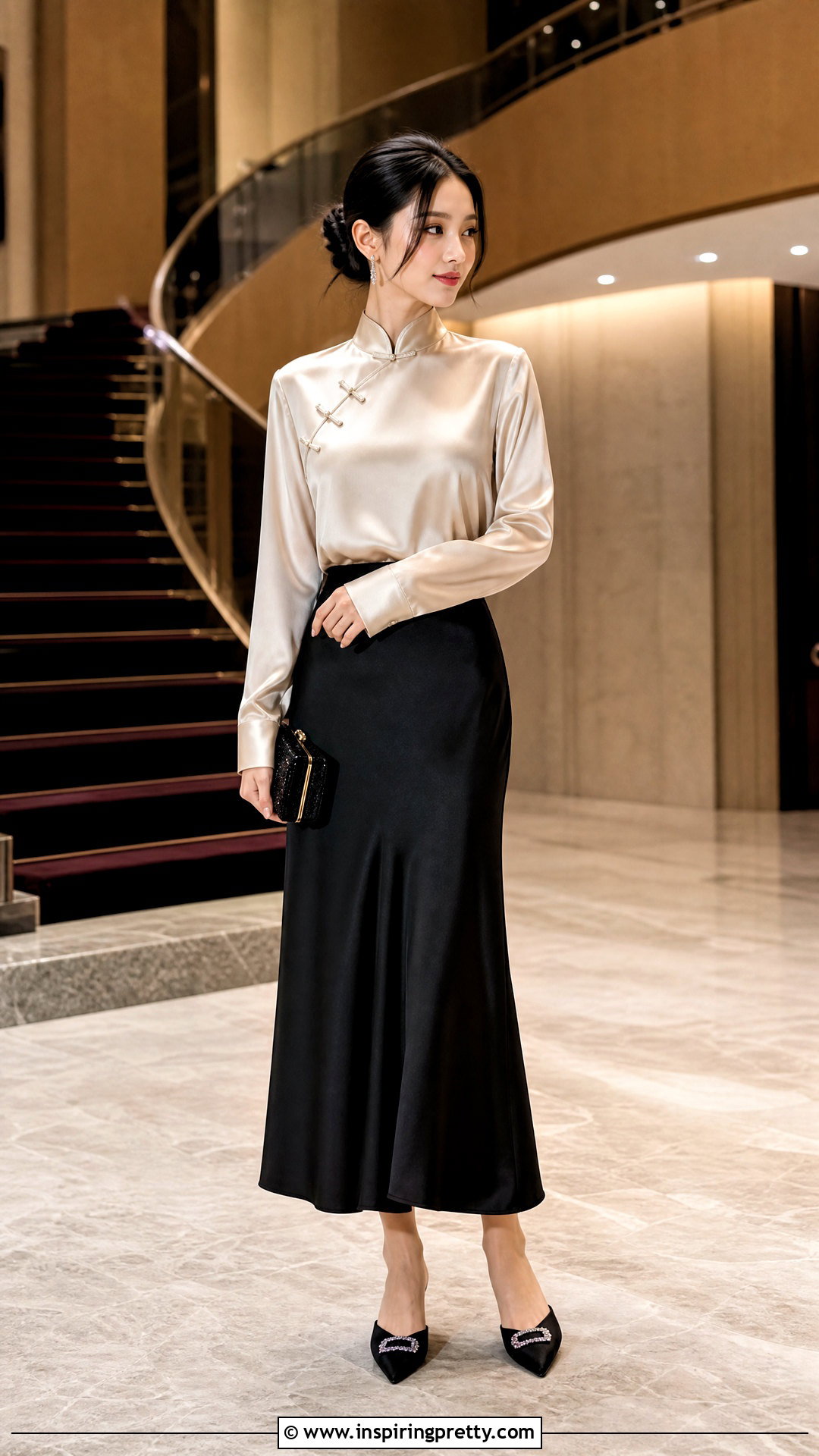 Satin Chinese Blouse With Slip Skirt - 50 chinese top outfit ideas