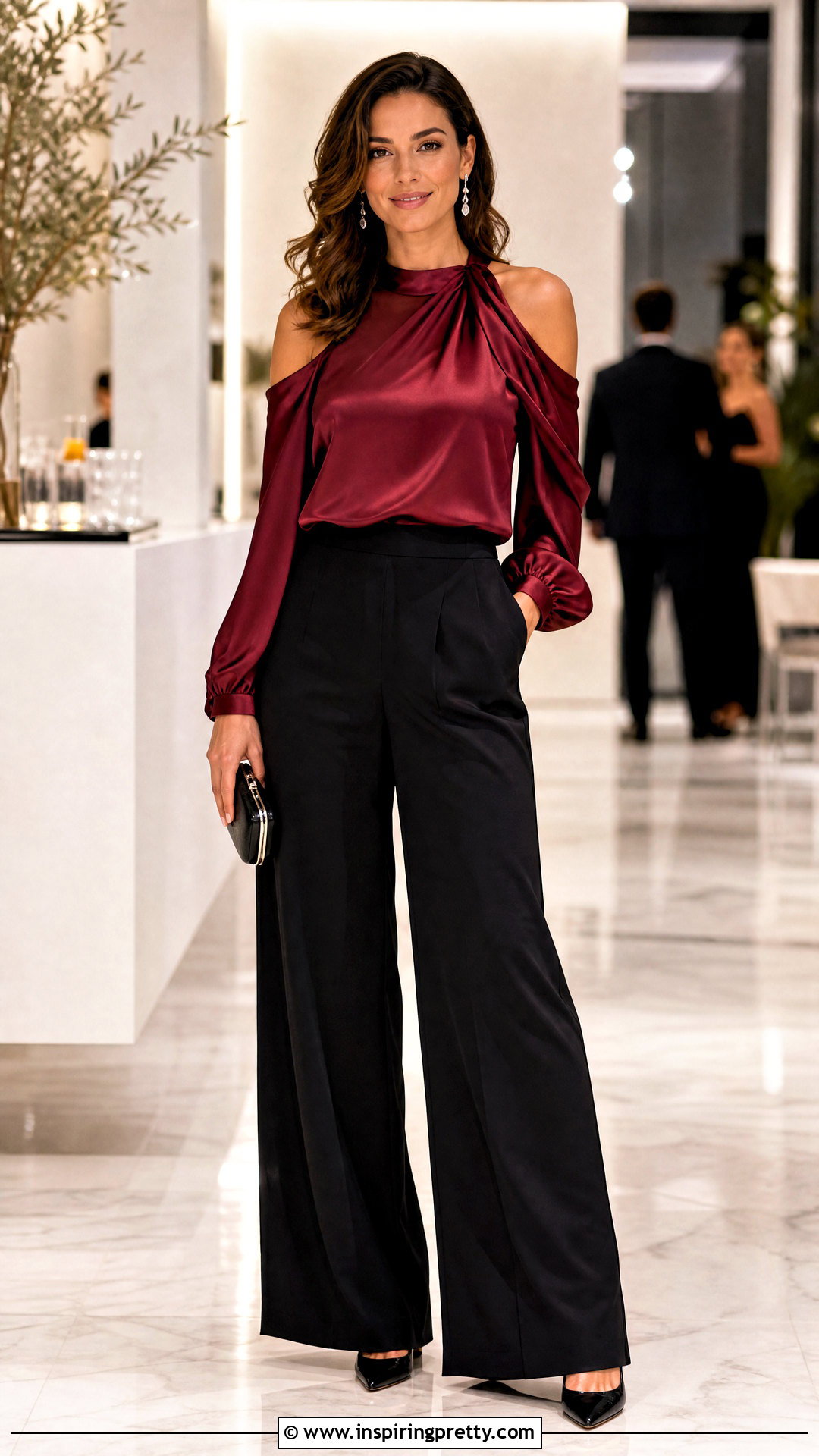 Satin Cold Shoulder Blouse With Wide Leg Pants - 50 classy satin tops blouses