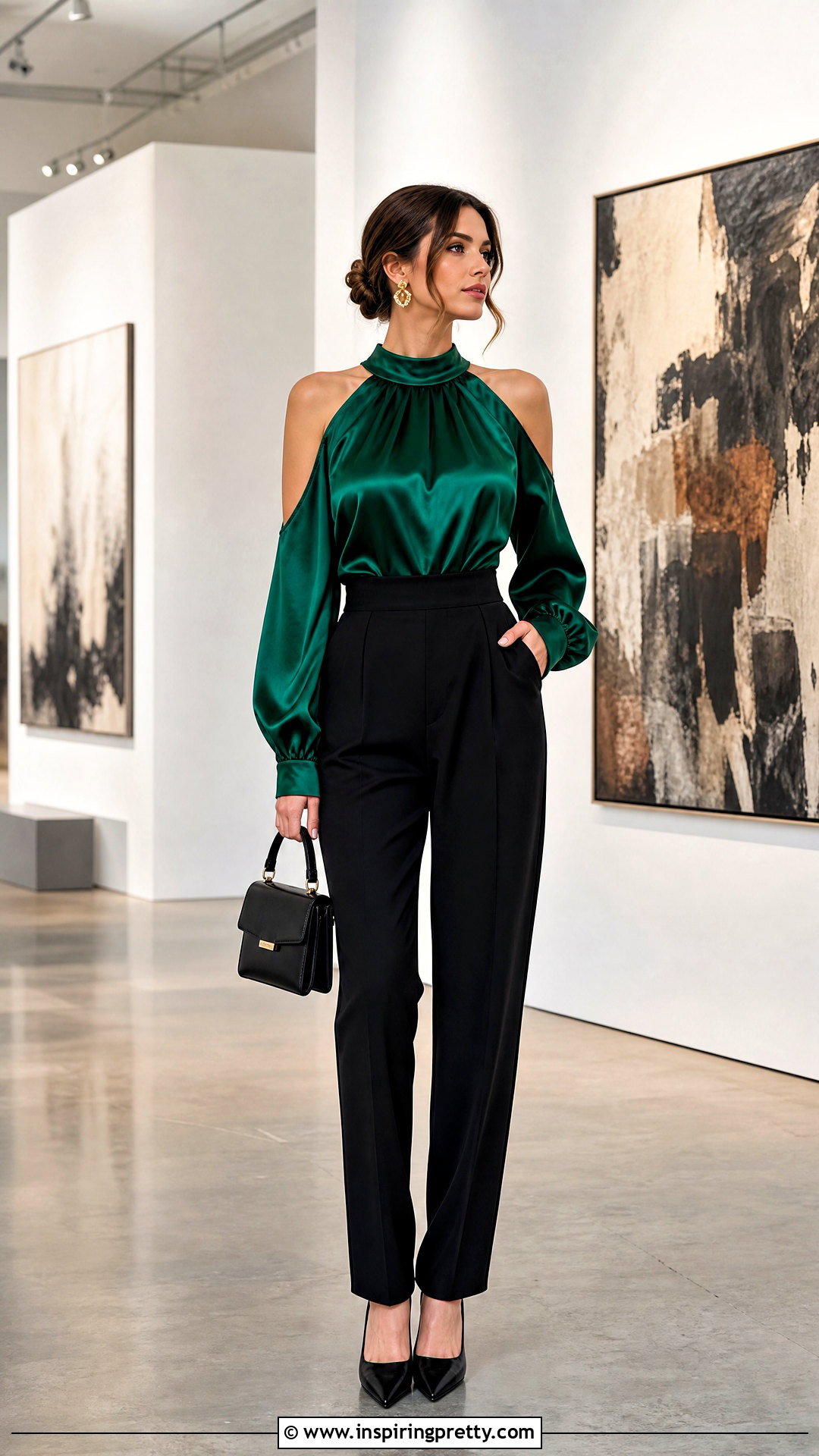 Satin Cold Shoulder Top With Tailored Trousers - 50 cold shoulder top outfit ideas