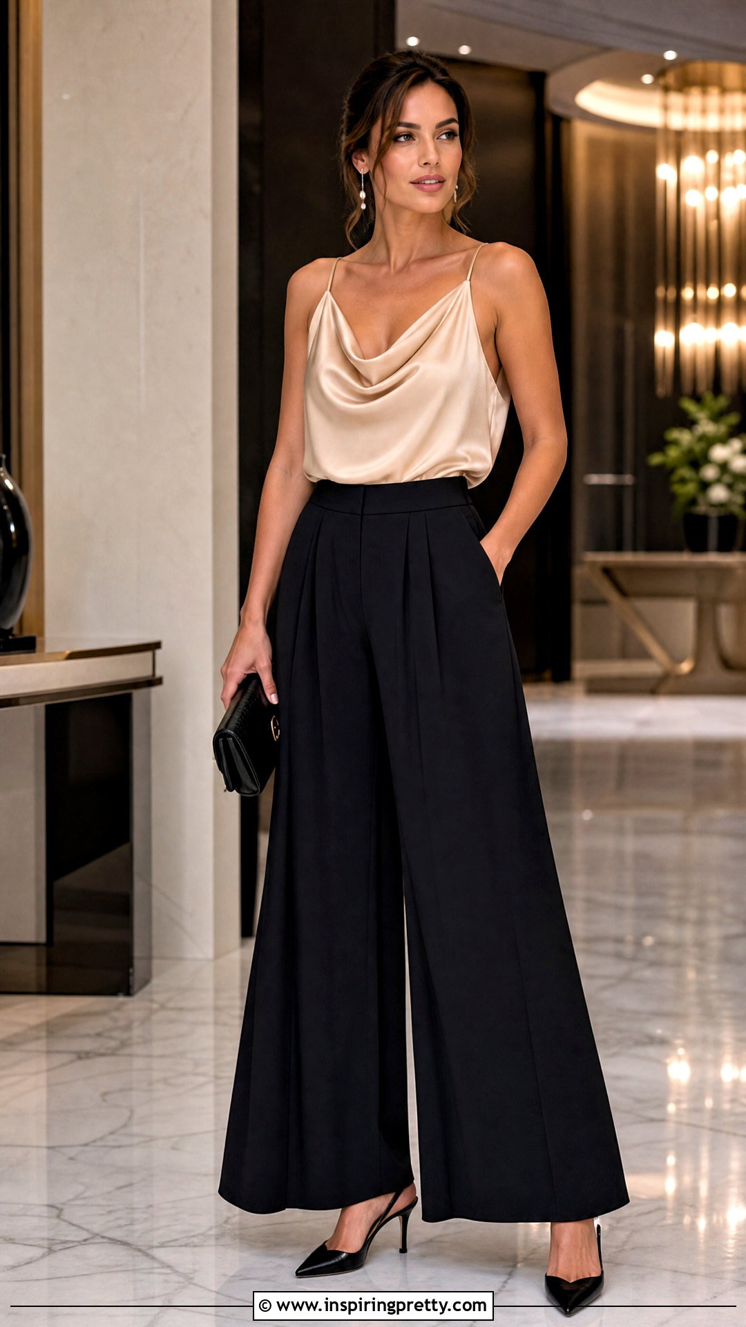 Satin Cowl Neck Top With Black Palazzo Pants - 50 tops for palazzo pants classy outfits