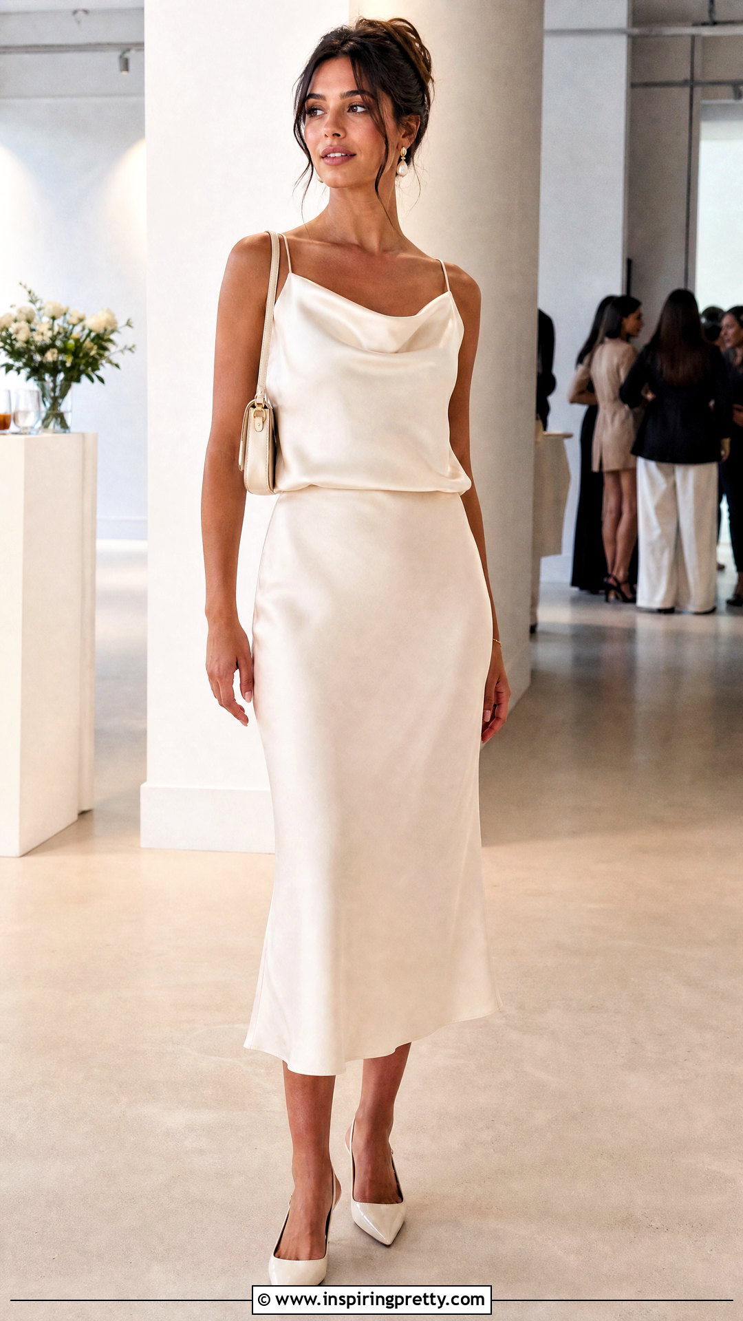 Satin Cowl Neck Top With Midi Skirt - 50 classy tops outfit ideas