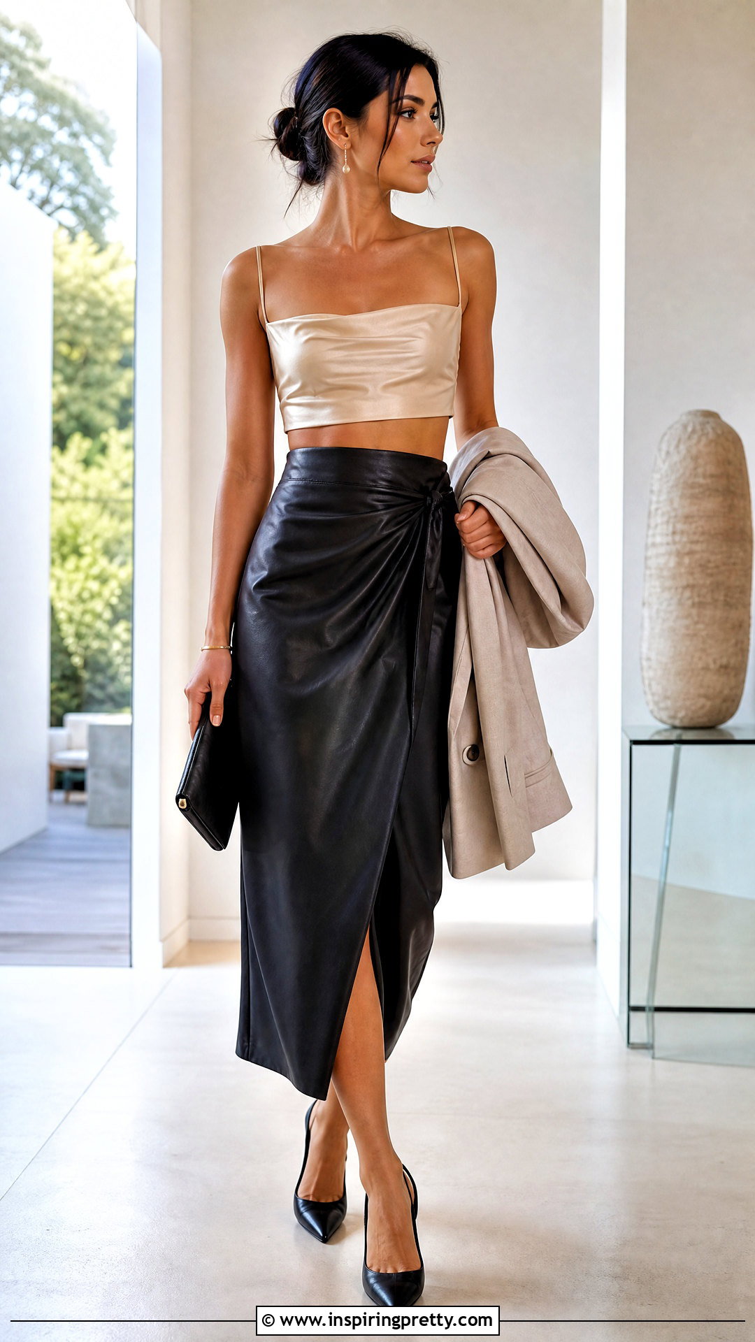 Satin Crop Top With Leather Wrap Skirt - 25 Crop Top With Leather Skirt outfit ideas