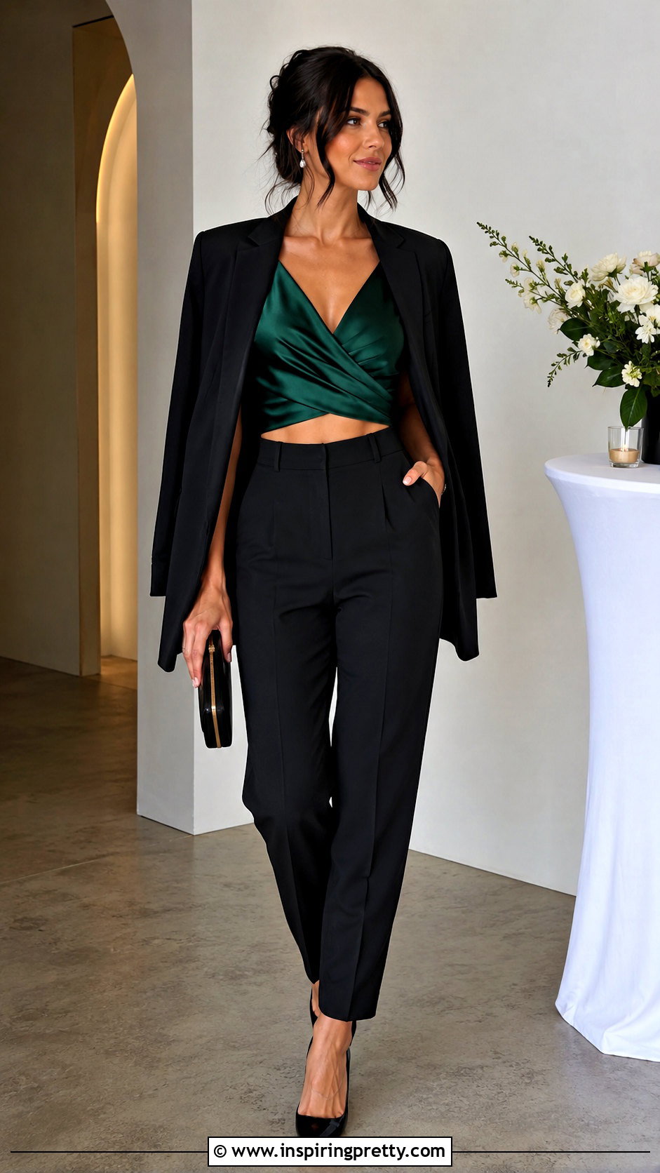 Satin Cross Wrap Crop Top With Tailored Trousers - 20 Cross Wrap Crop Top outfit ideas