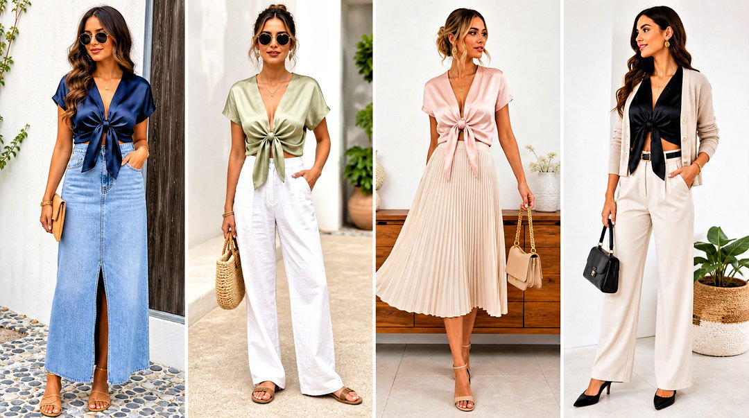 20 Satin Effect Tied Top Outfit Ideas for Date-Night Chic