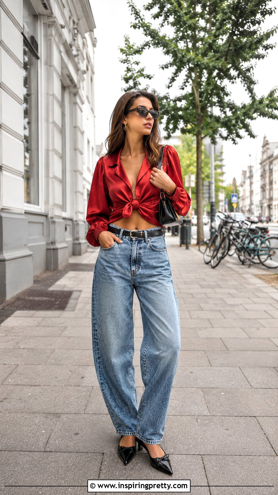 Satin Effect Tied Top With Barrel Leg Jeans - 20 satin effect tied top outfit ideas